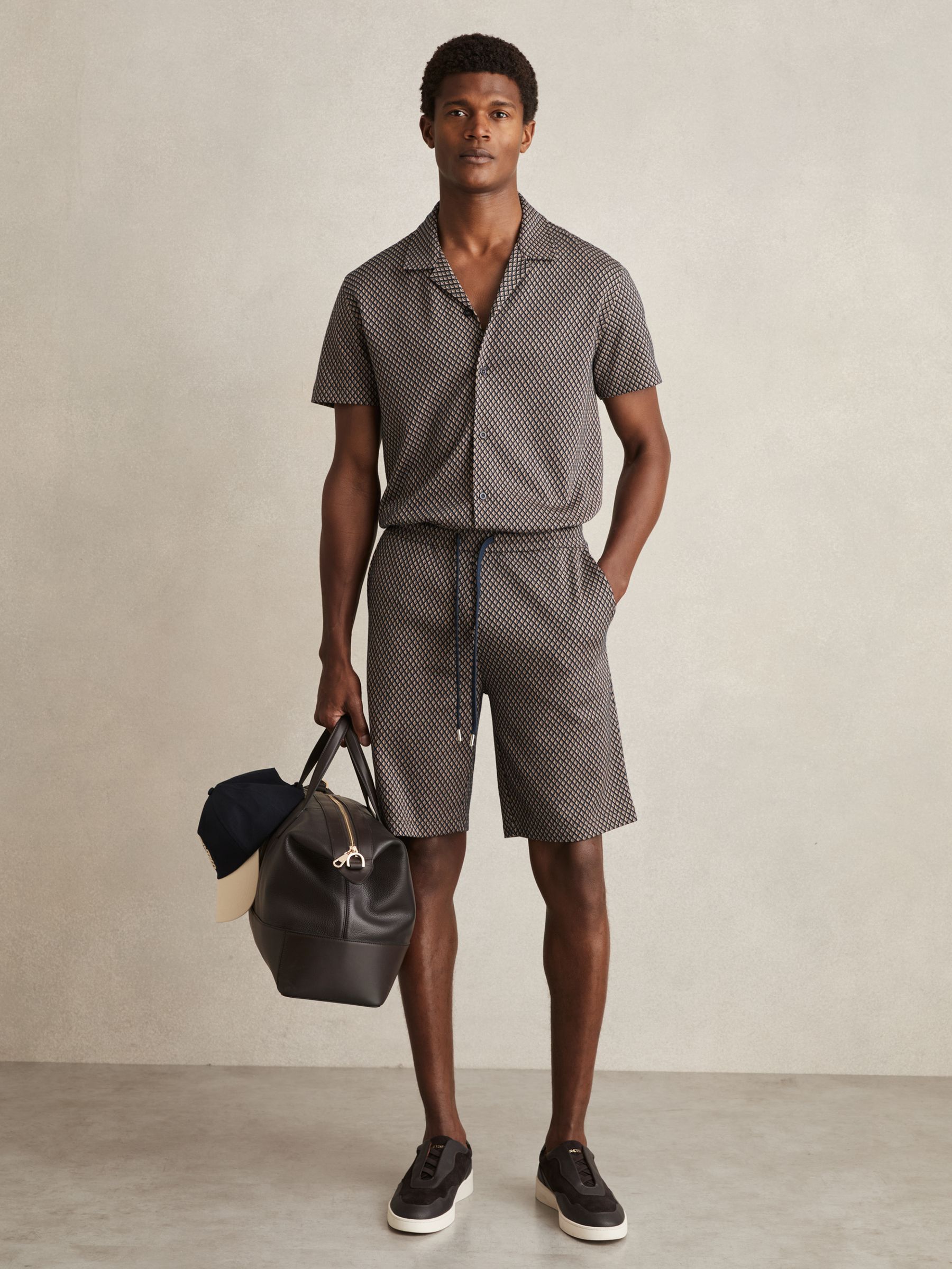 Geometric Jacquard Cuban-Collar Shirt in Tobacco Brown/Navy