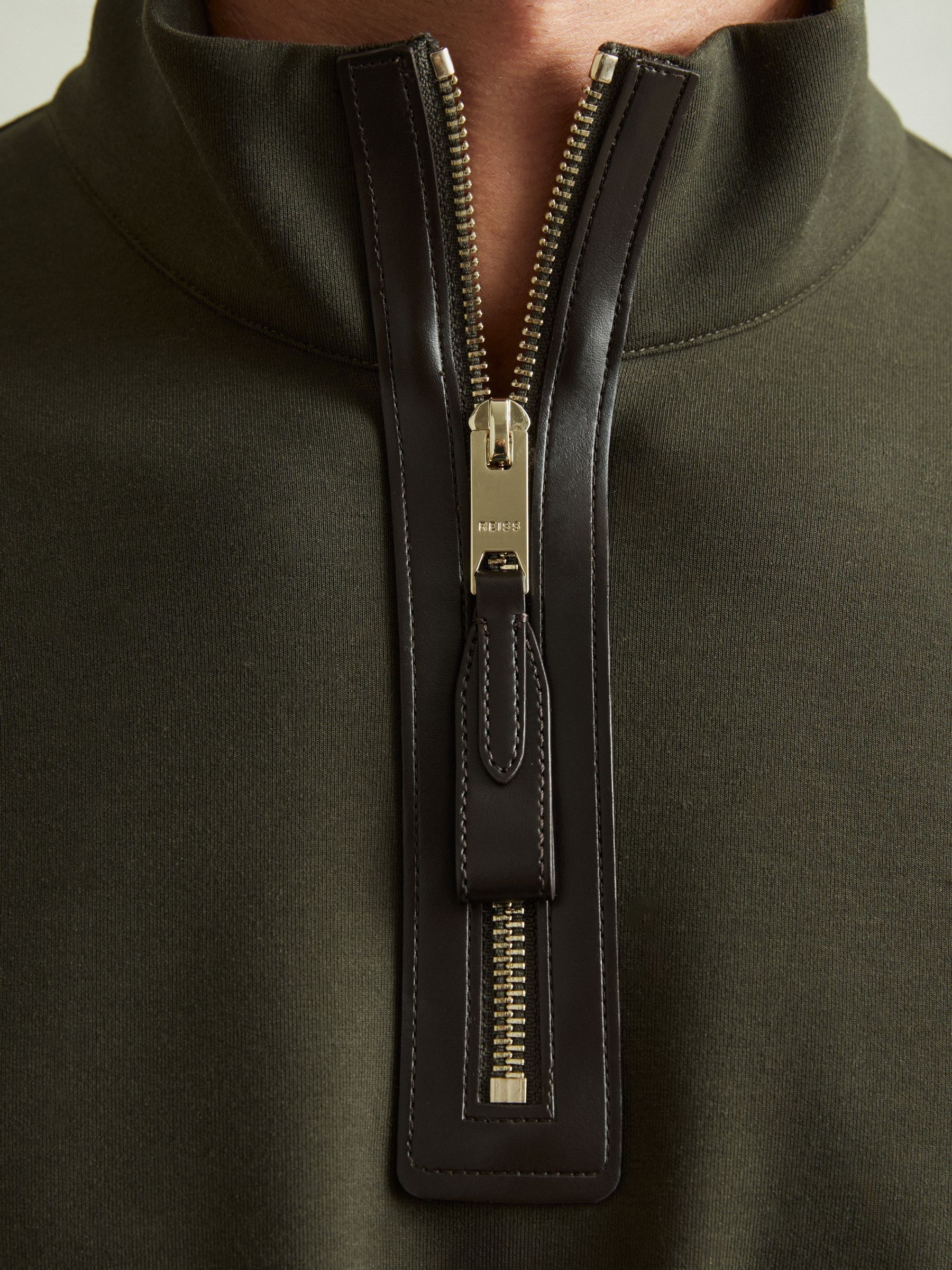 Leather-Placket Interlock-Jersey Sweatshirt in Forest Green