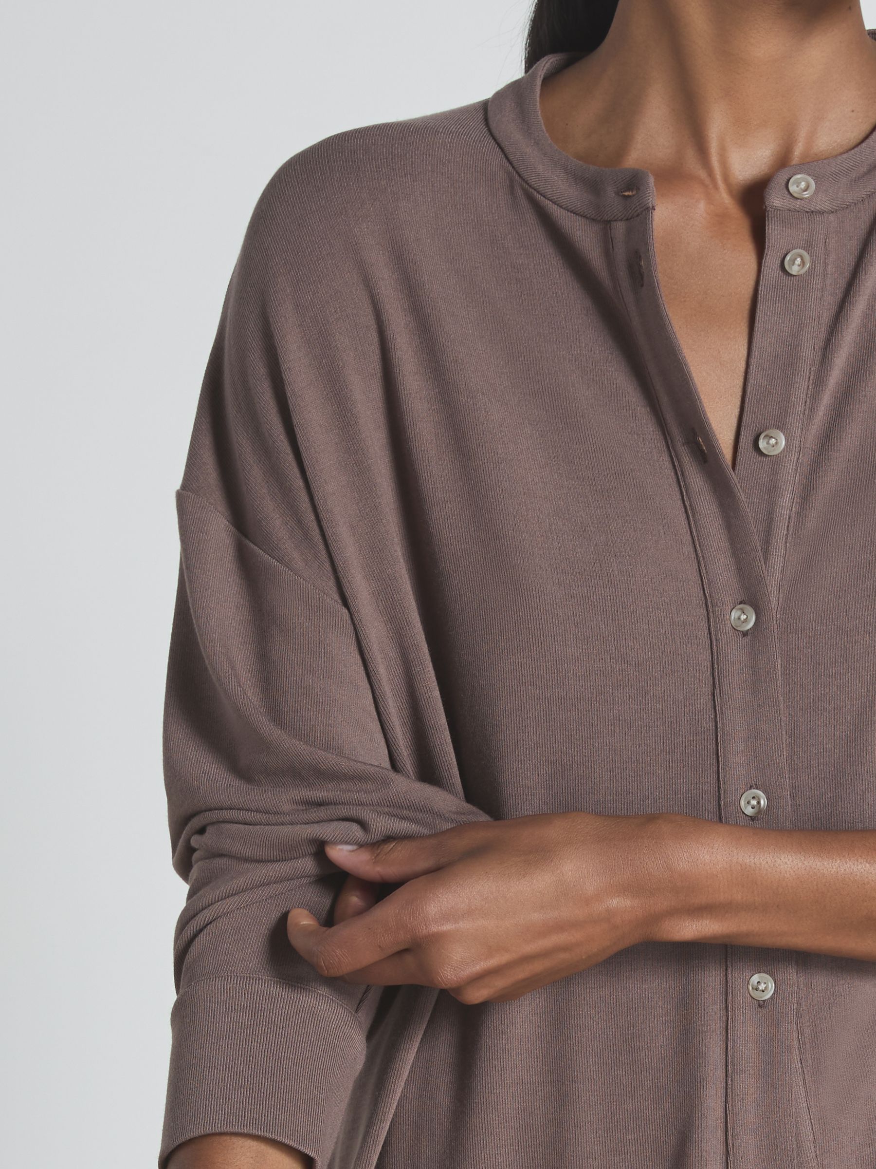 Thermal Jersey Grandad-Collar Shirt in Dark Mink