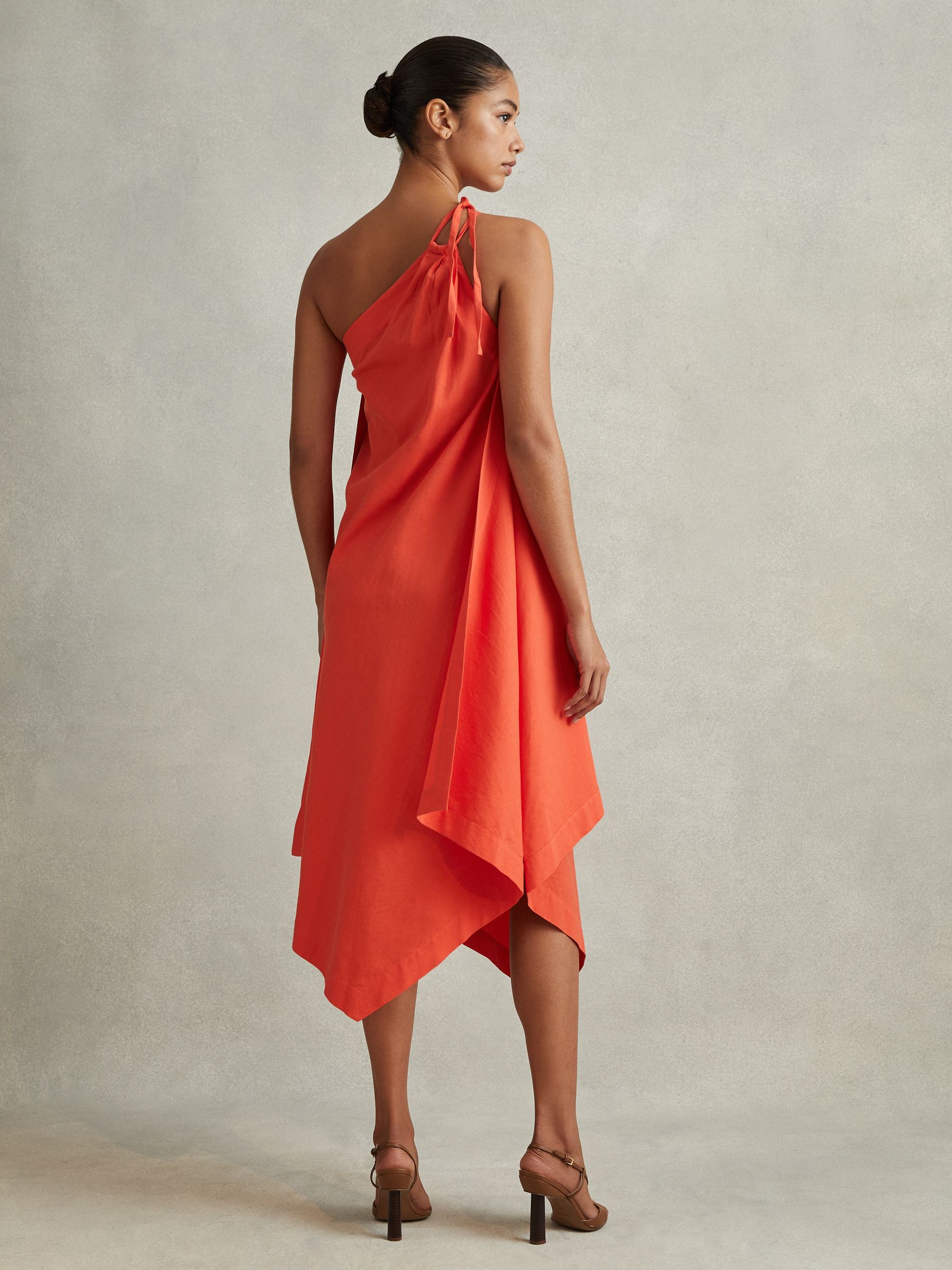 One Shoulder Draped Midi Dress in Orange