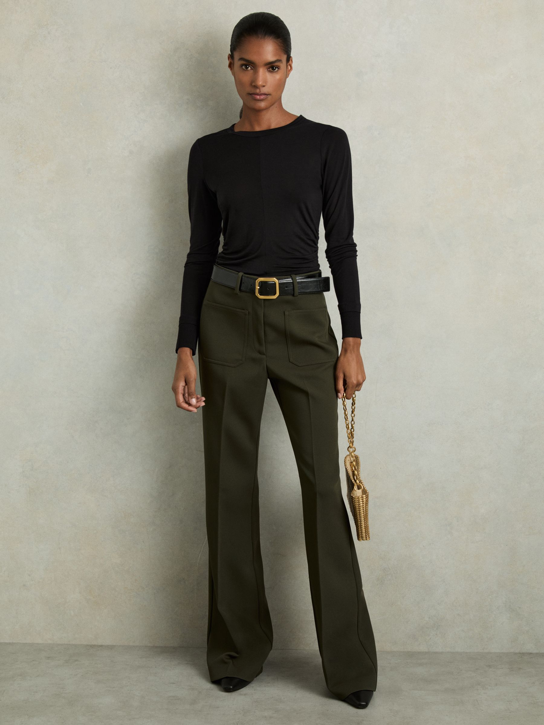 Ruched Side Crew-Neck Top in Black