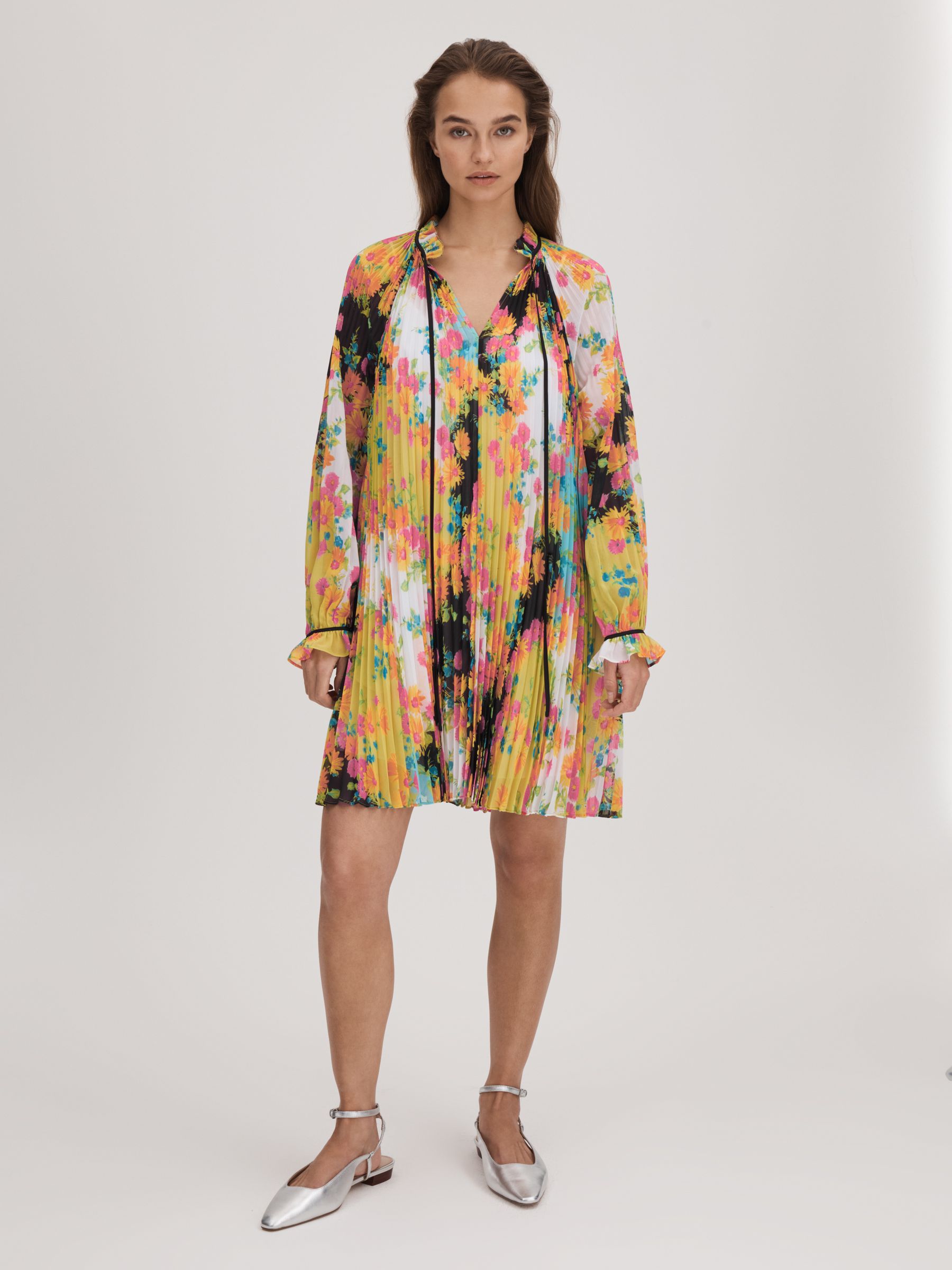Florere Pleated Tie Neck Mini Dress in Multi
