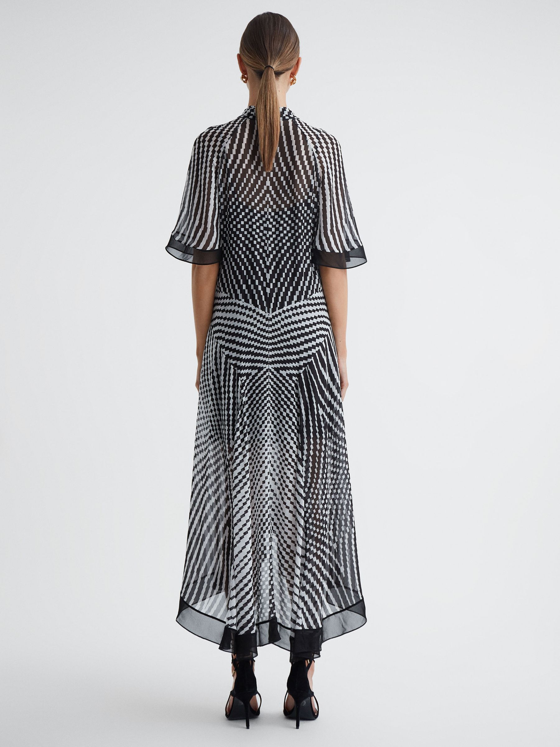 Check Removable Neck Tie Midi Dress in Black/White