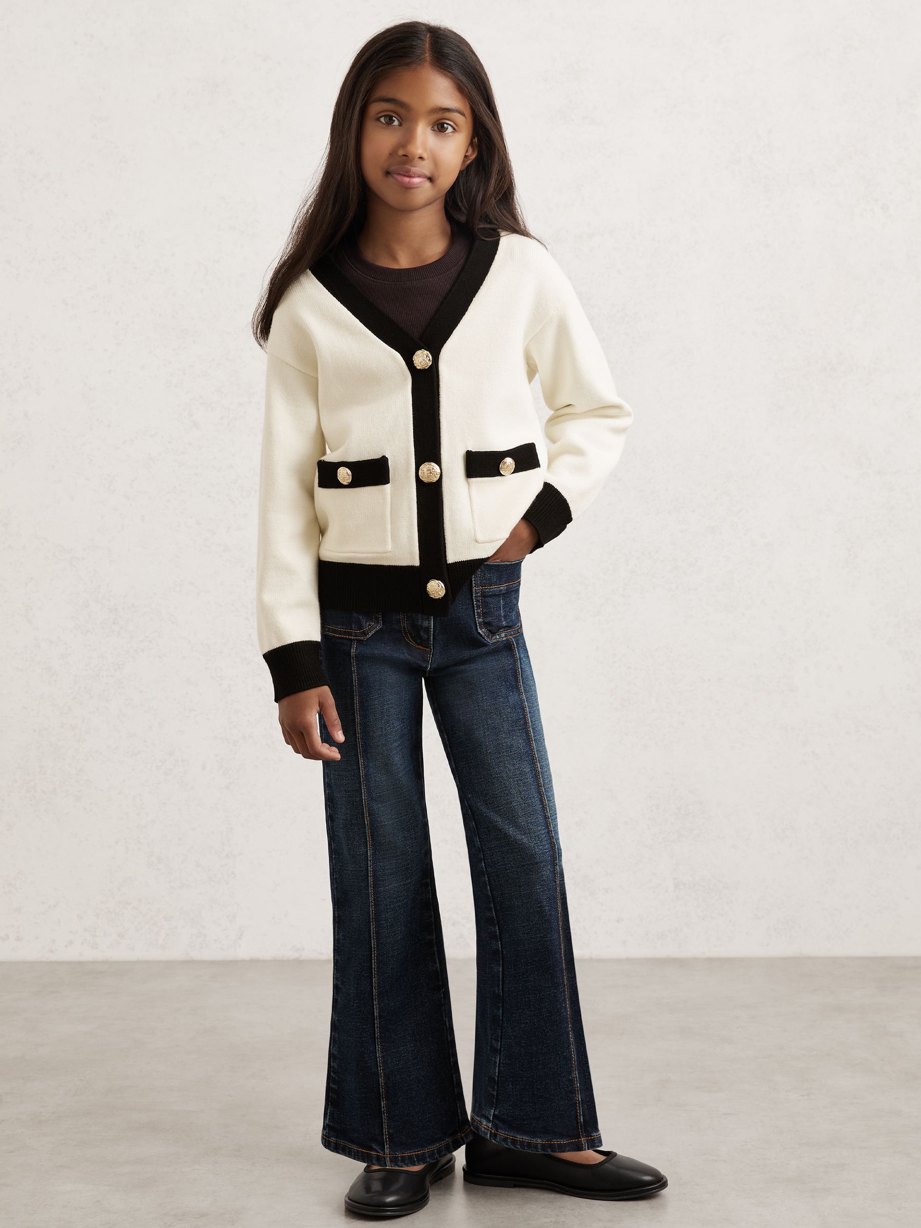 3-9 yrs Tipped V-Neck Cardigan in Ecru