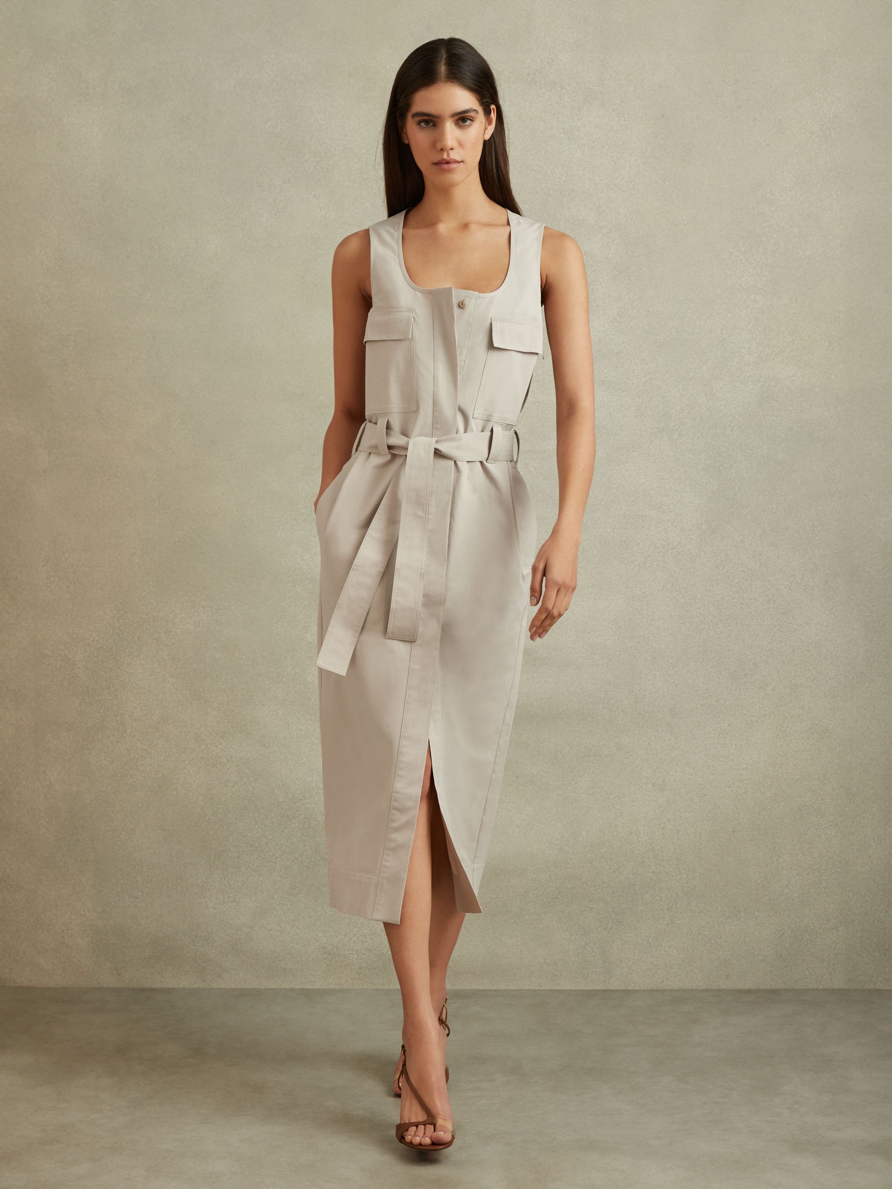 Utility Belted Midi Dress in Stone