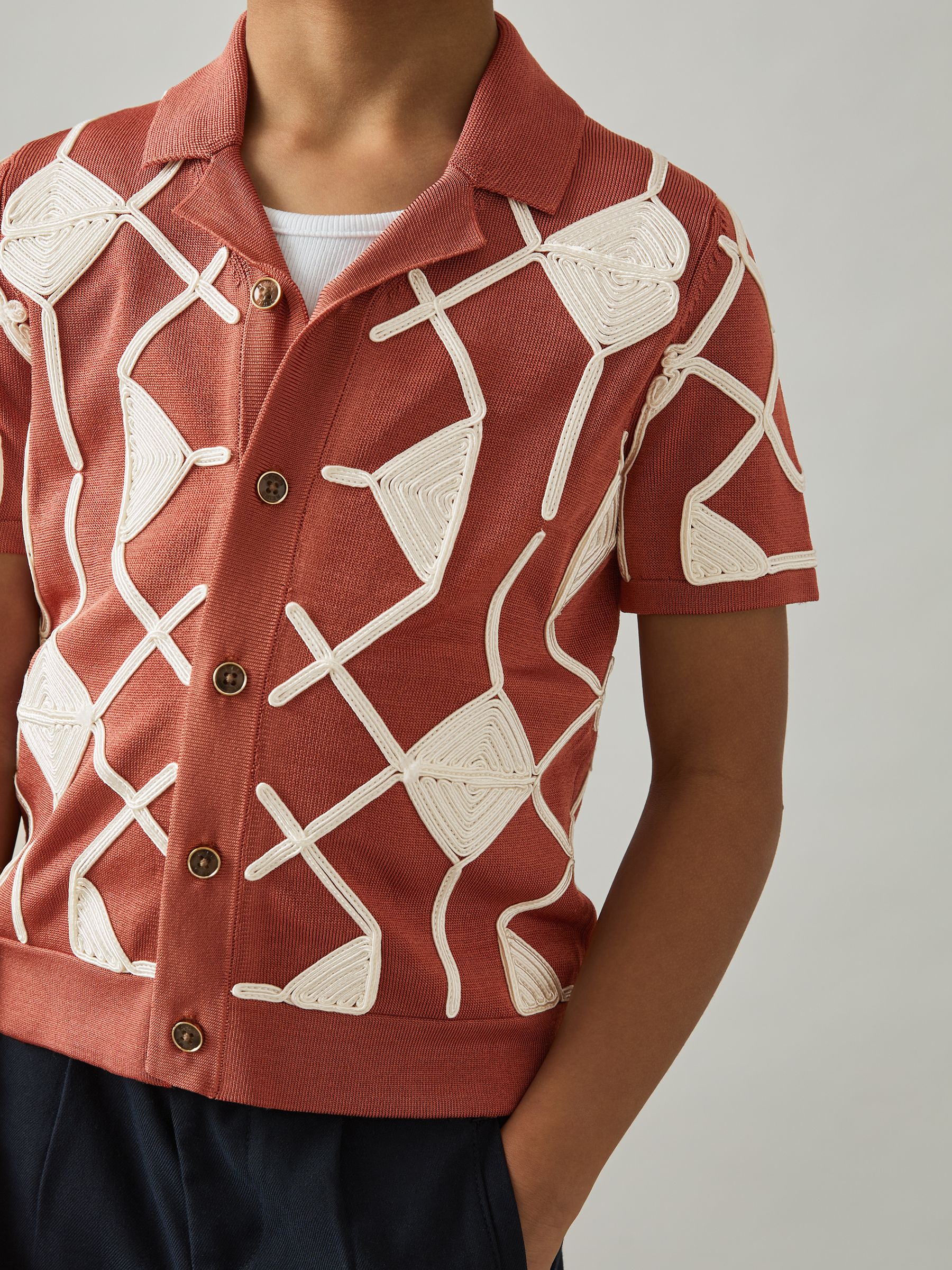 3-9 yrs Geometric Embroidery Knit Shirt in Paprika Red/Off White