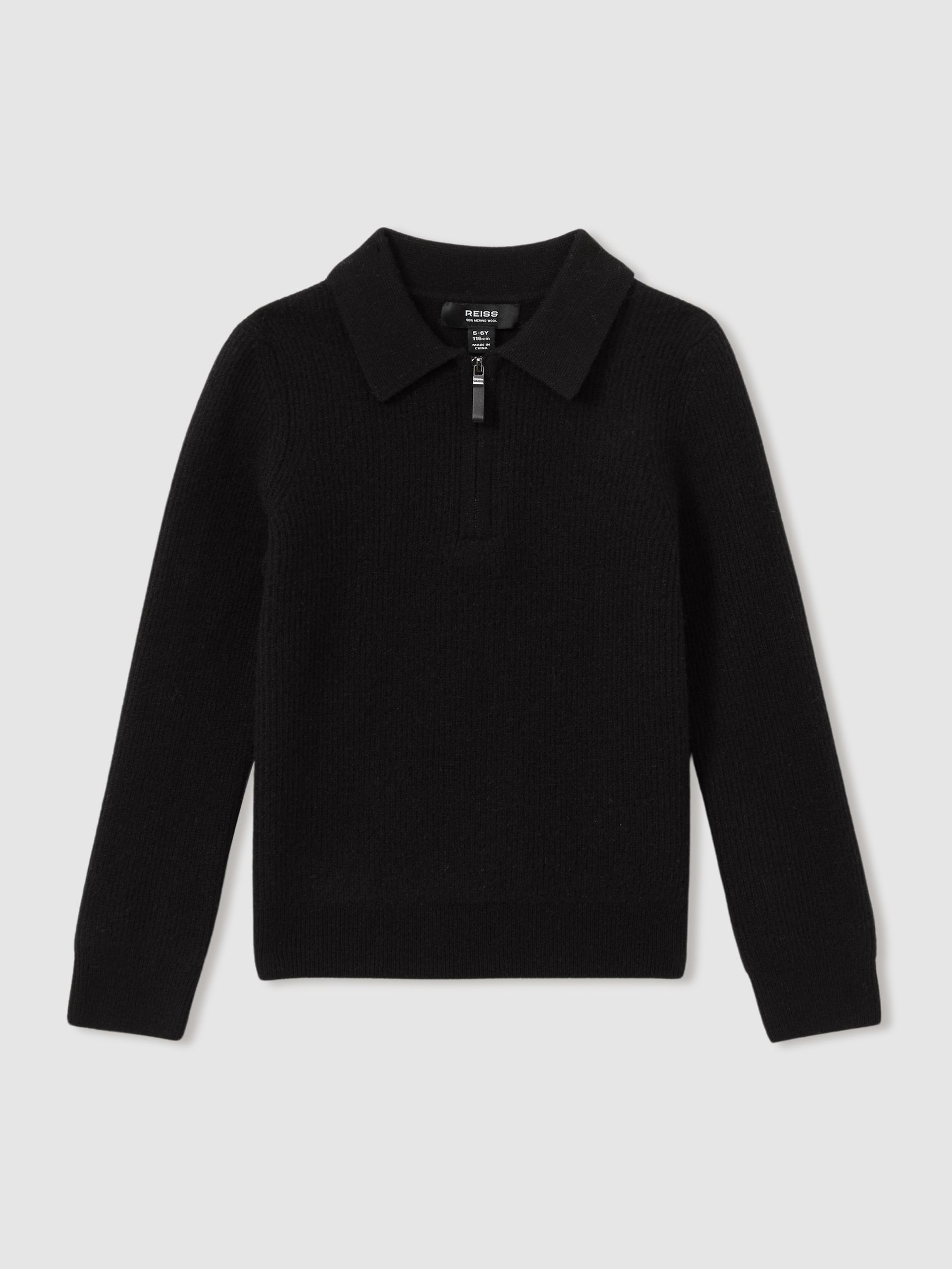 9-13 yrs Merino Wool Quarter Zip Polo Shirt in Black