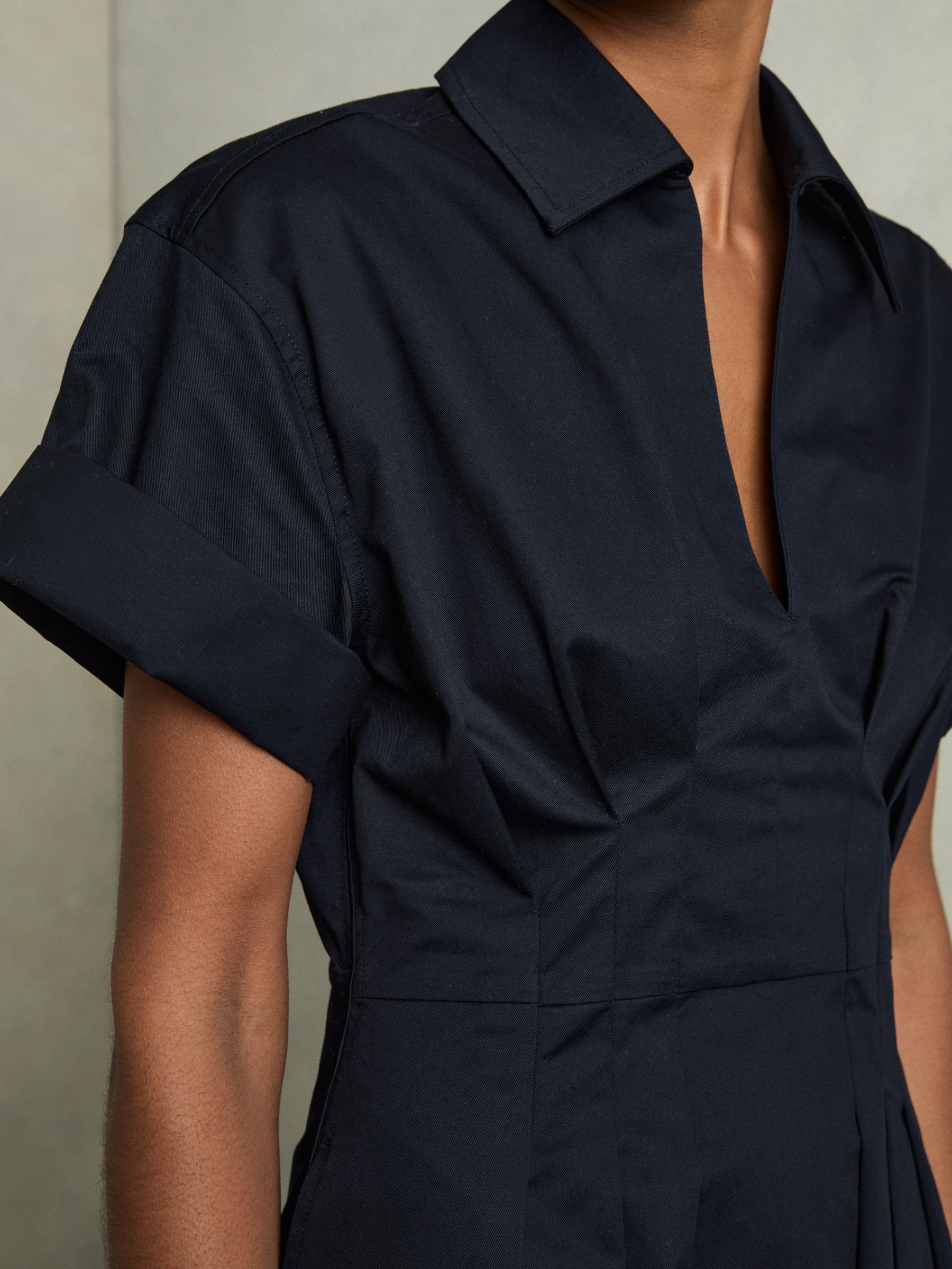 Cotton Pleated-Waist Midi Dress in Navy