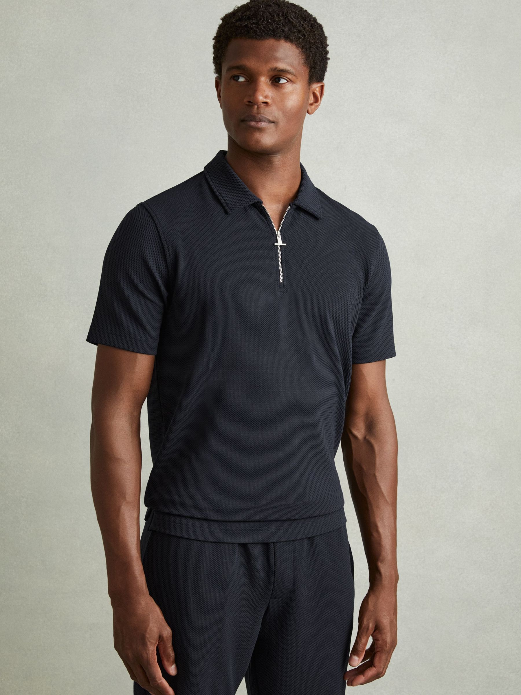 Textured Zip-Neck Polo Shirt in Navy
