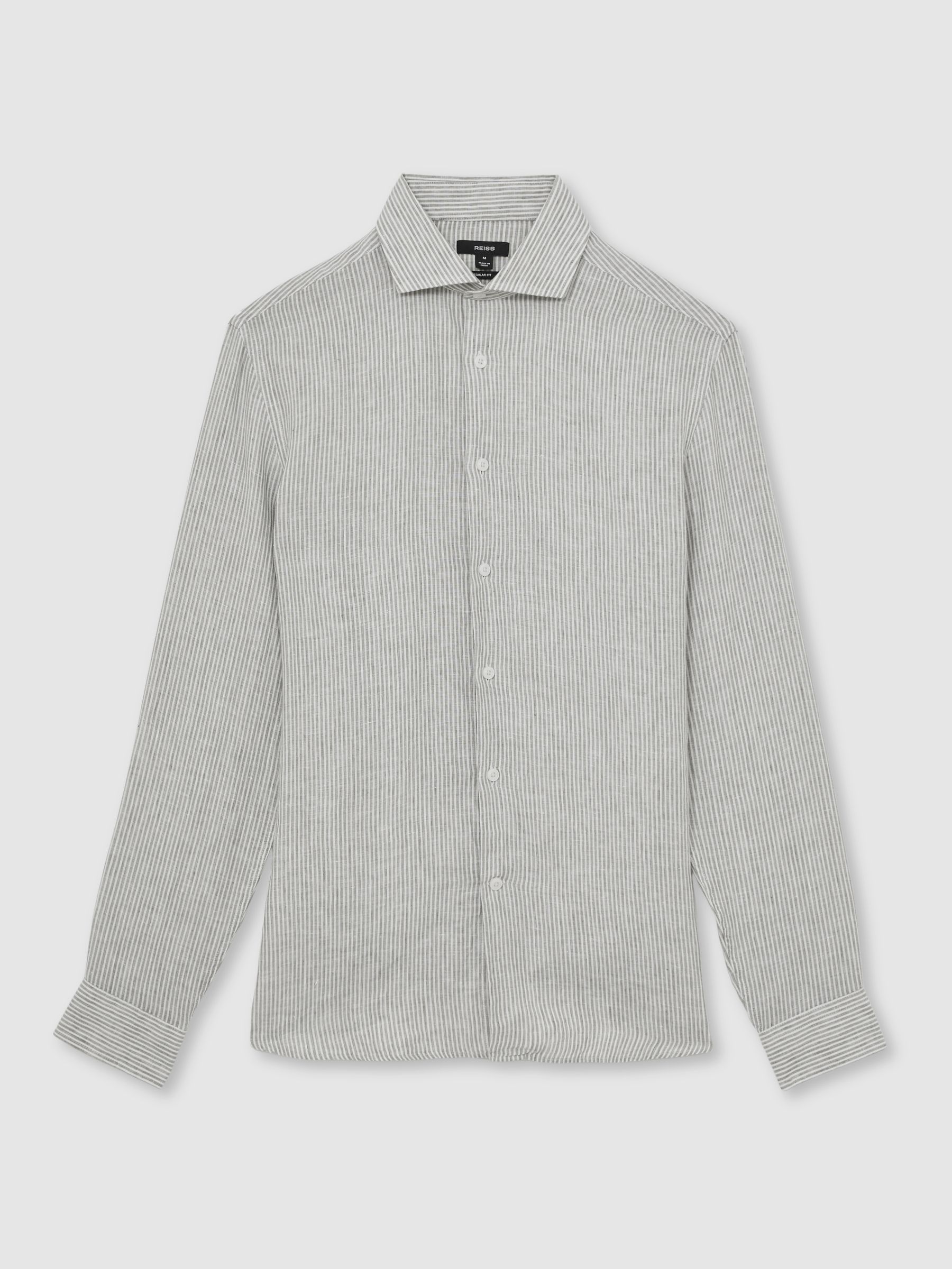Linen Striped Cutaway-Collar Shirt in White/Thyme Green