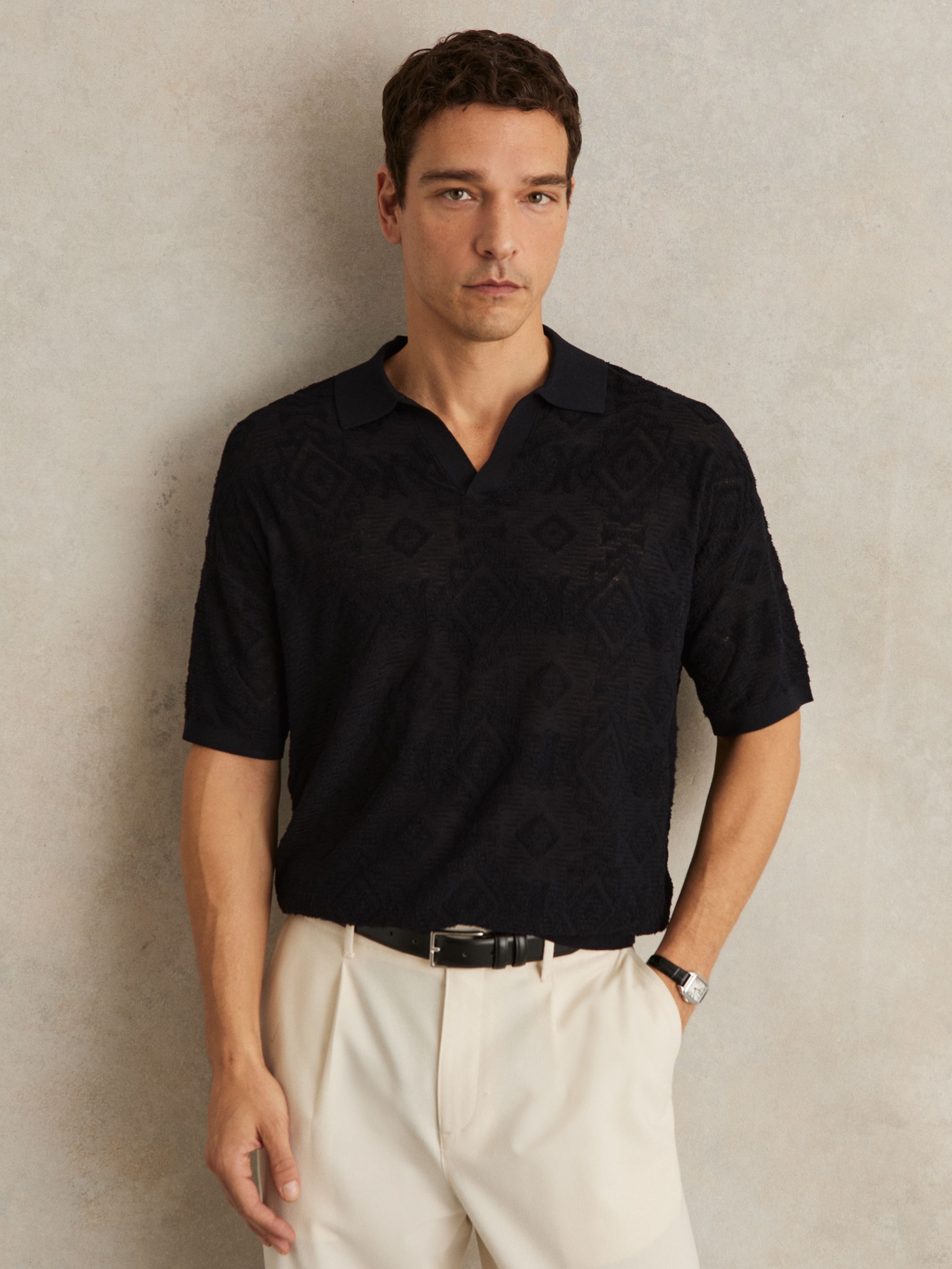 Jacquard Loop-Stitch Polo Shirt in Navy