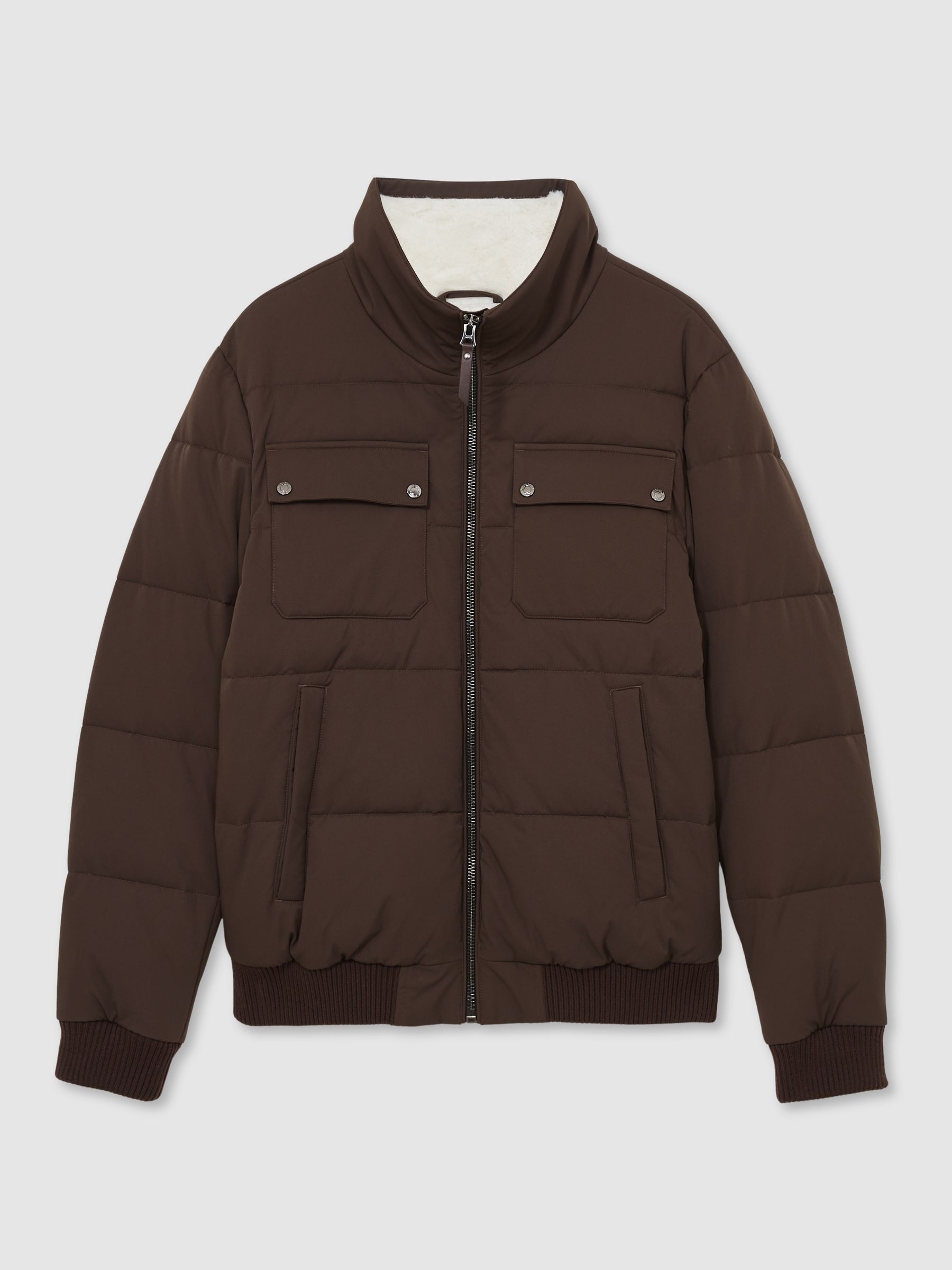 Faux-Fur Collar Puffer Jacket in Brown