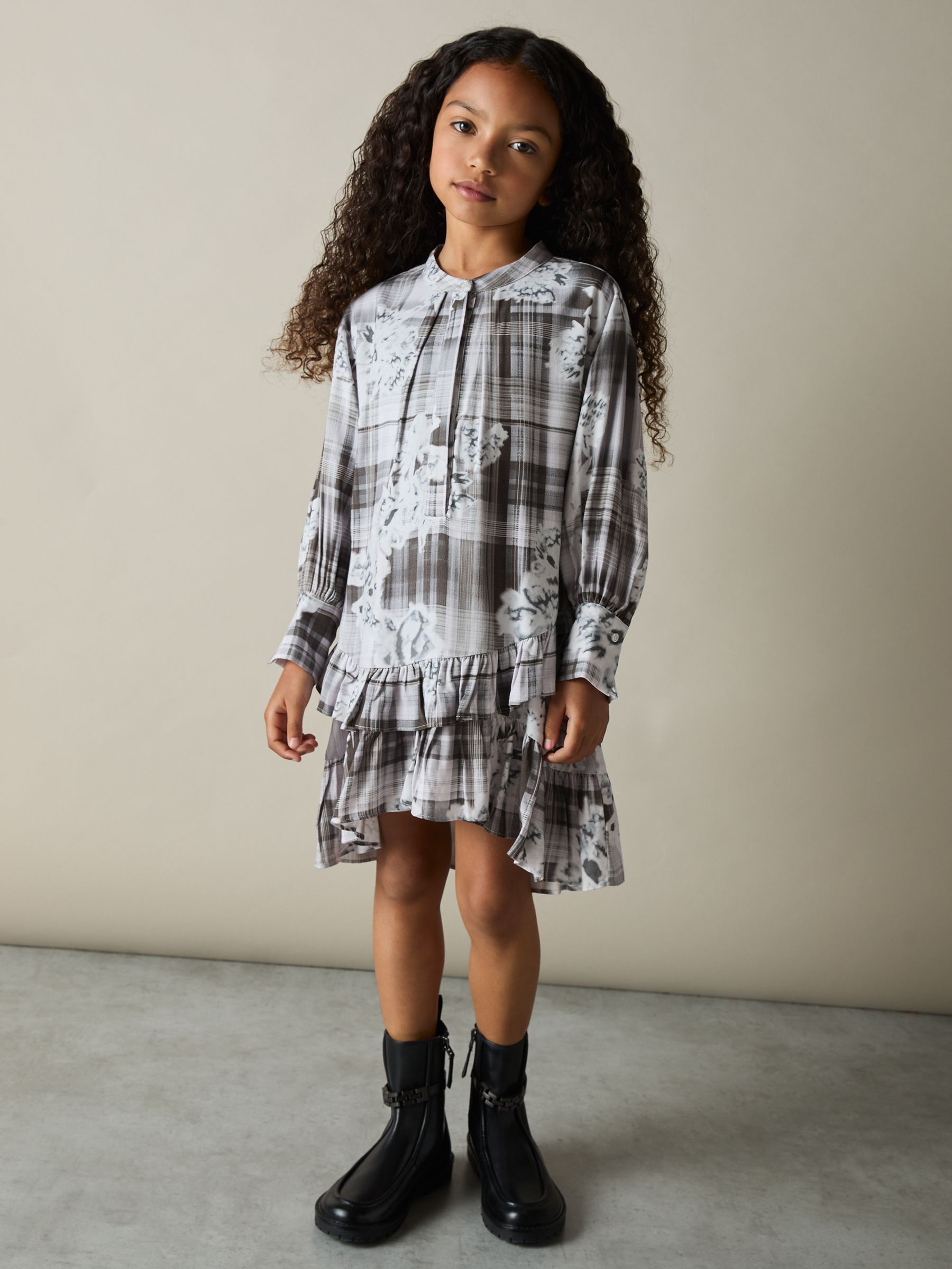 4-9 yrs Floral-Check Tiered-Frill Dress in Grey