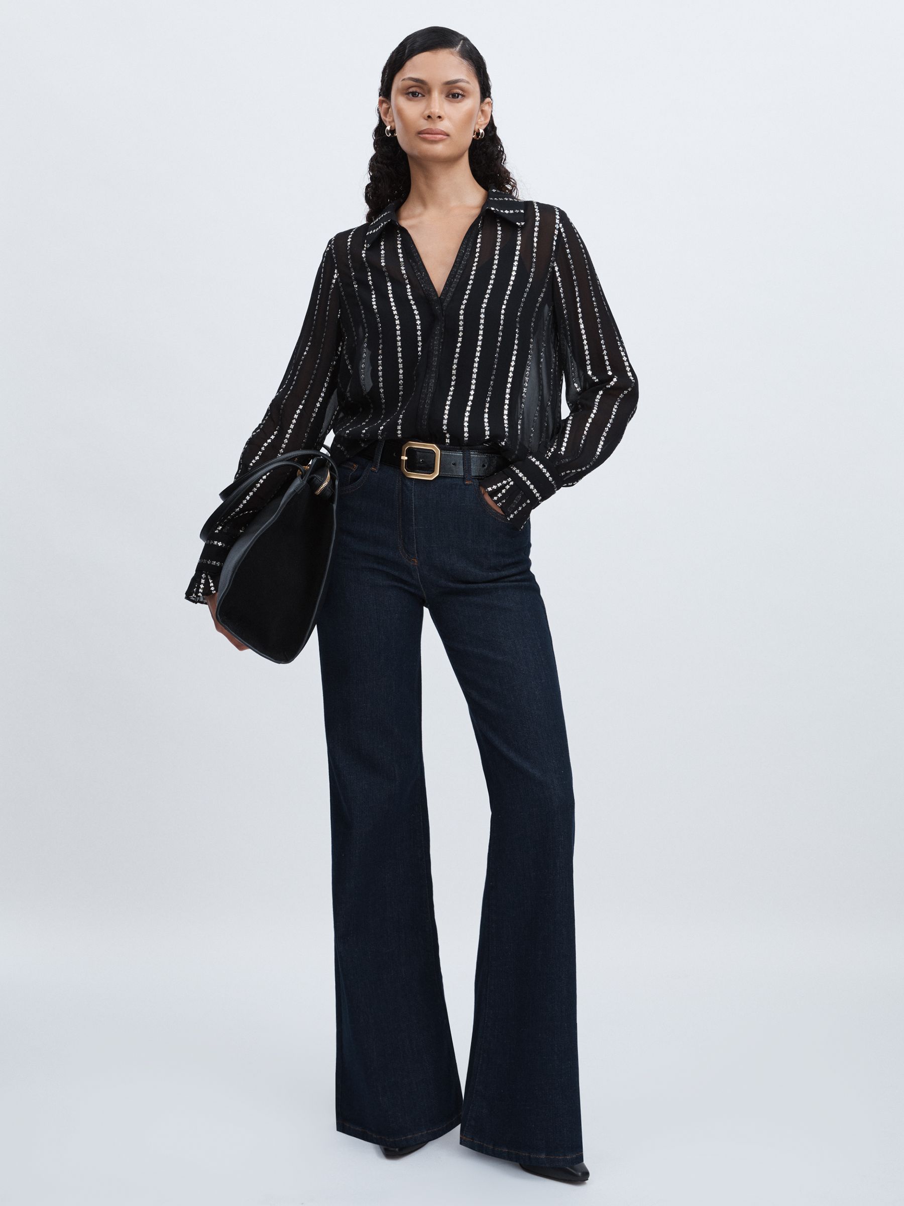 Paige Sheer Floral-Stripe Blouse in Black