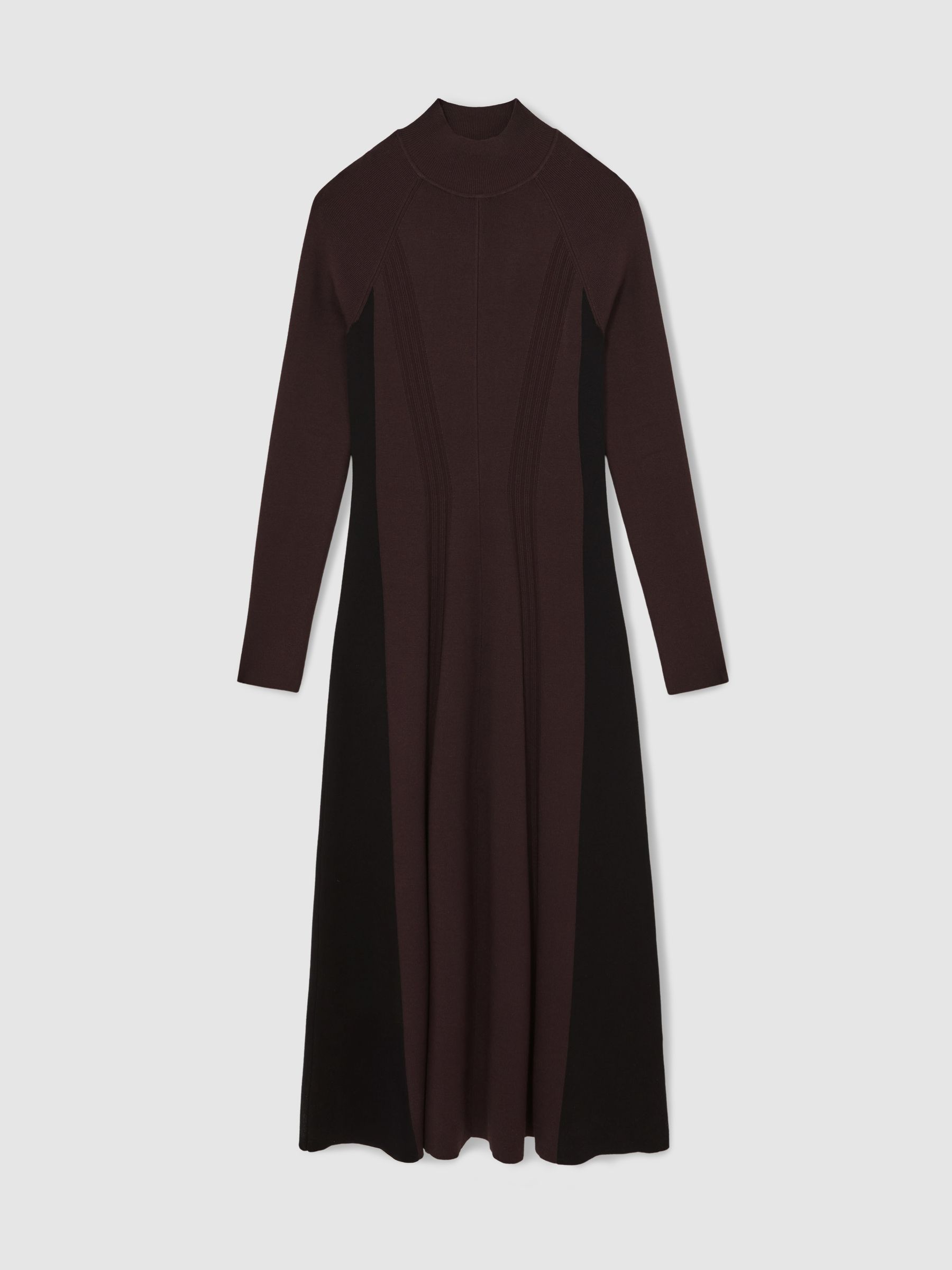 Knitted Contrast-Panel Midi Dress in Plum Purple/Black