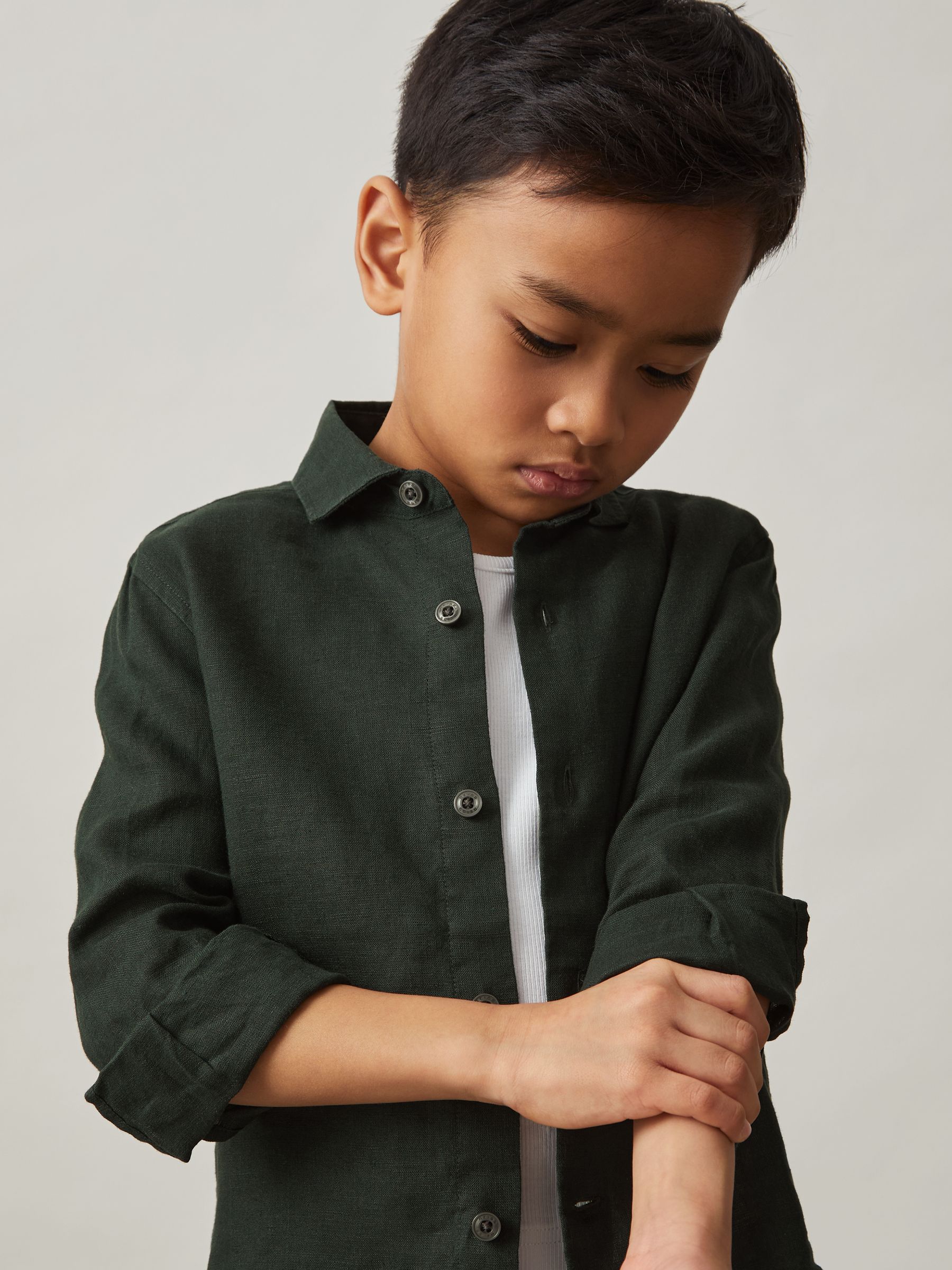 9-13 yrs Linen Cutaway Collar Shirt in Dark Green