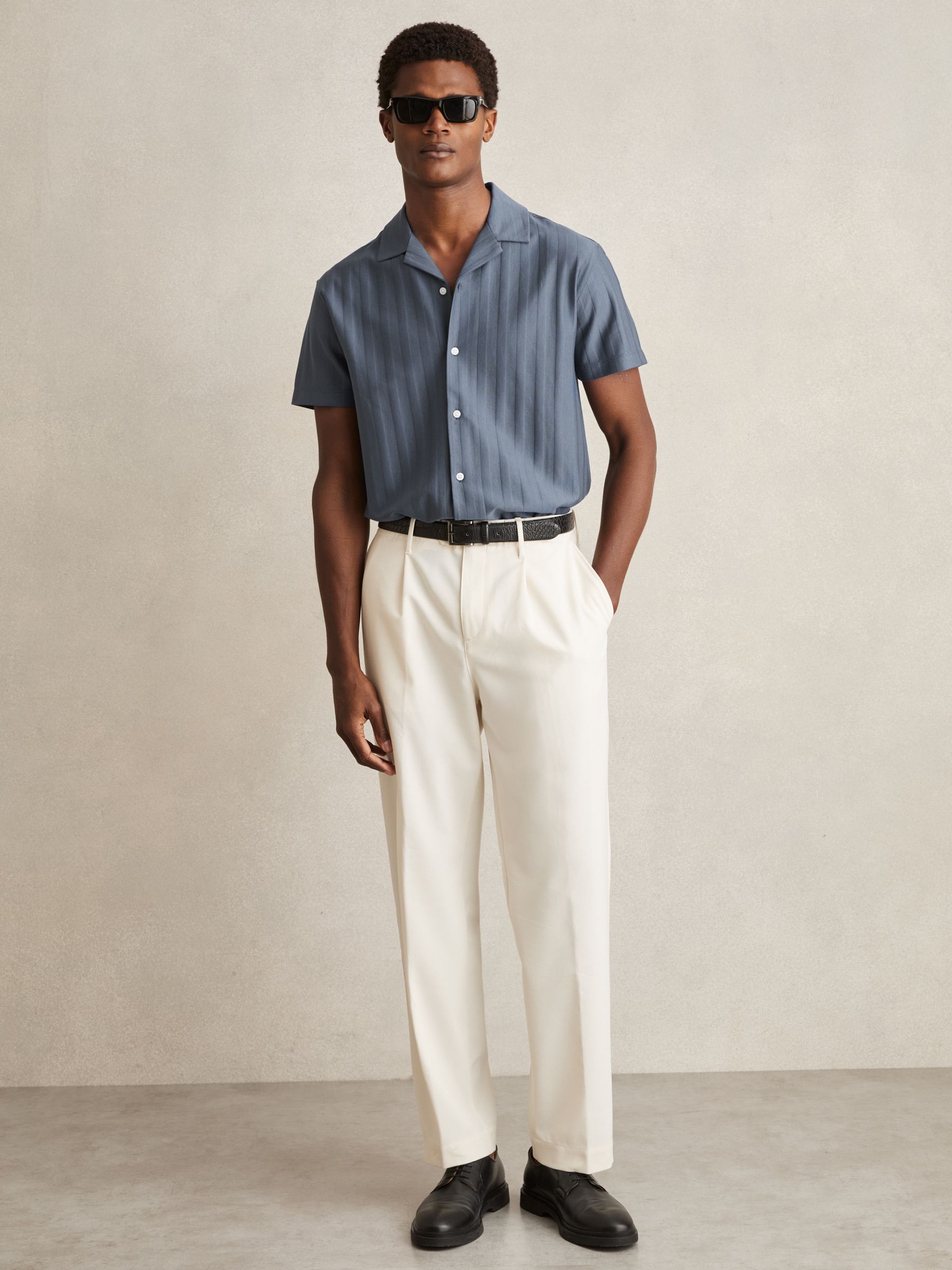 Cotton Textured Cuban-Collar Shirt in Airforce Blue