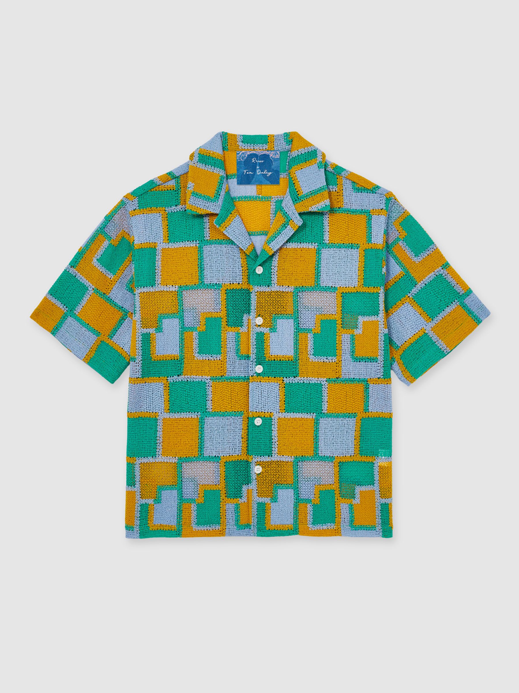 Reiss | Tom Daley Tile Crochet Shirt in Yellow/Green/Blue Multi