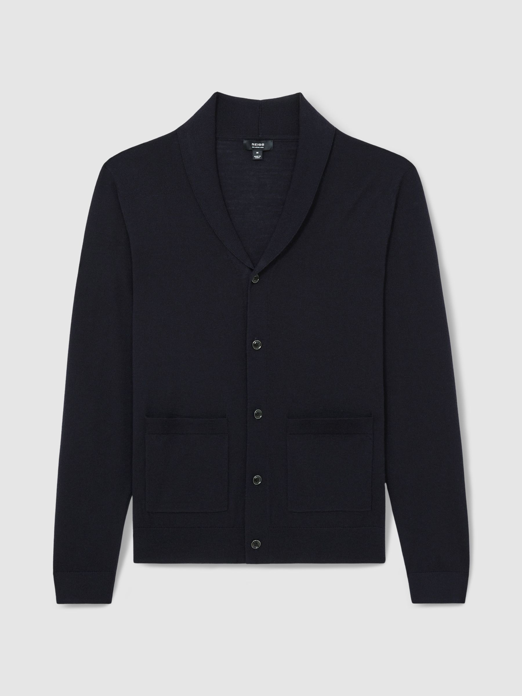 Merino Wool Shawl-Collar Cardigan in Navy
