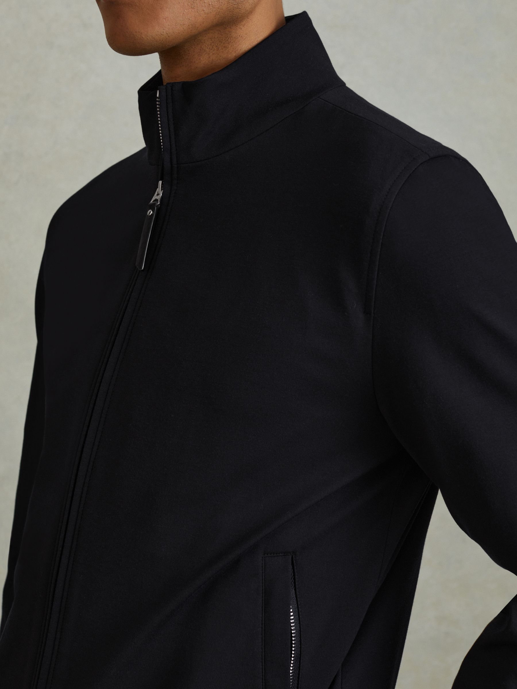 Elasticated Hem Zip-Front Bomber Jacket in Navy