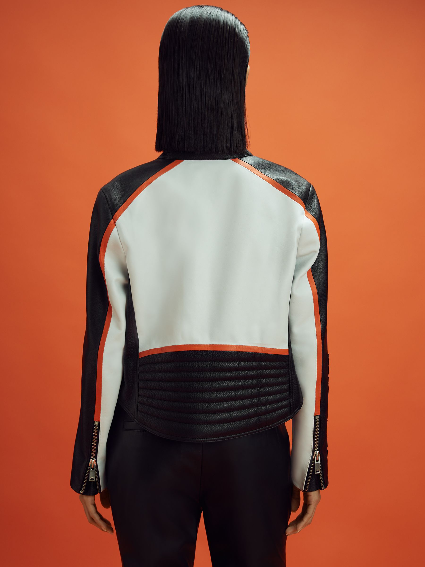 McLaren F1 Colourblock Leather Biker Jacket in Black/Papaya
