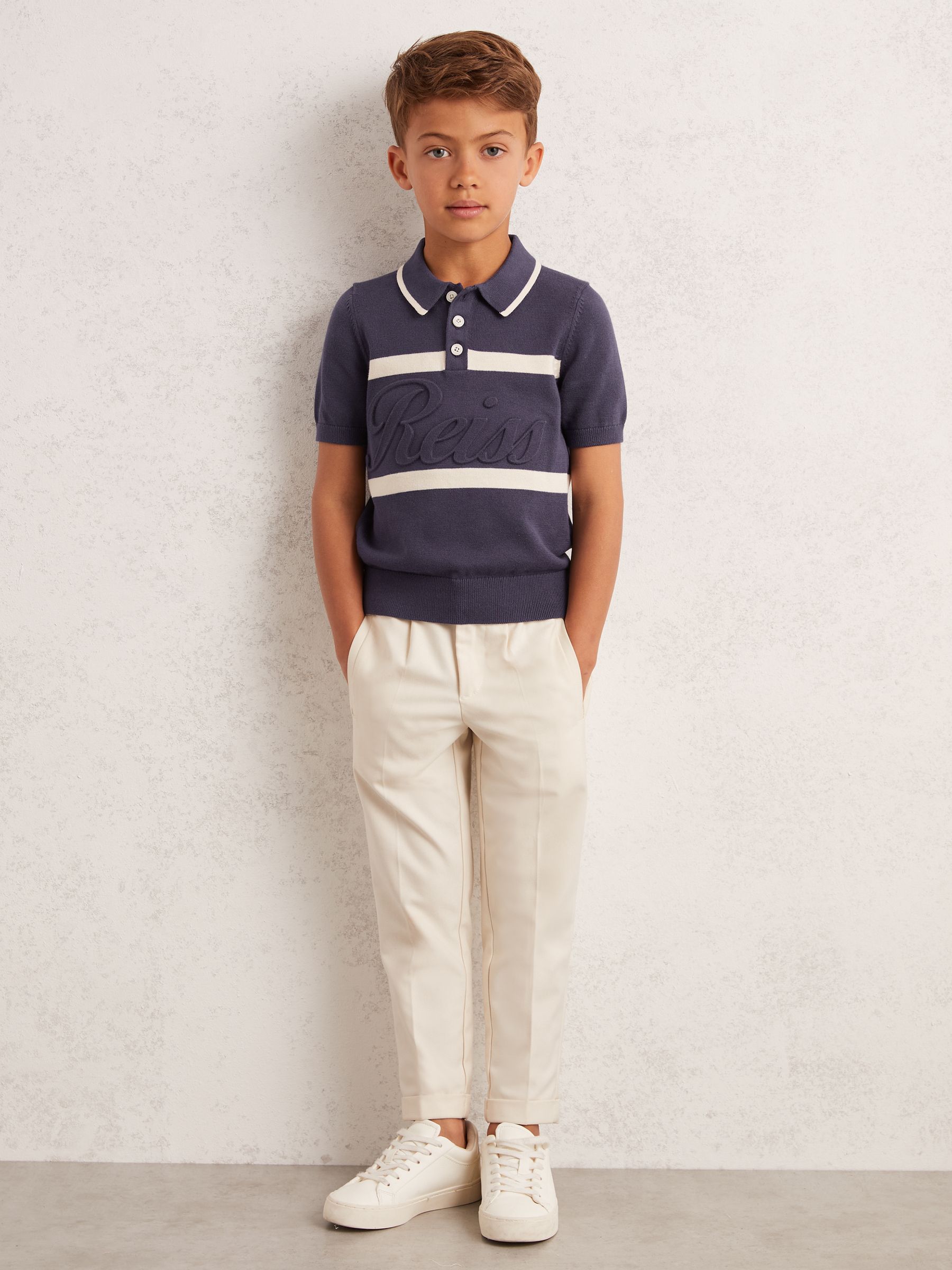 9-13 yrs Cotton Logo-Embossed Knit Polo Shirt in Indigo Blue/White