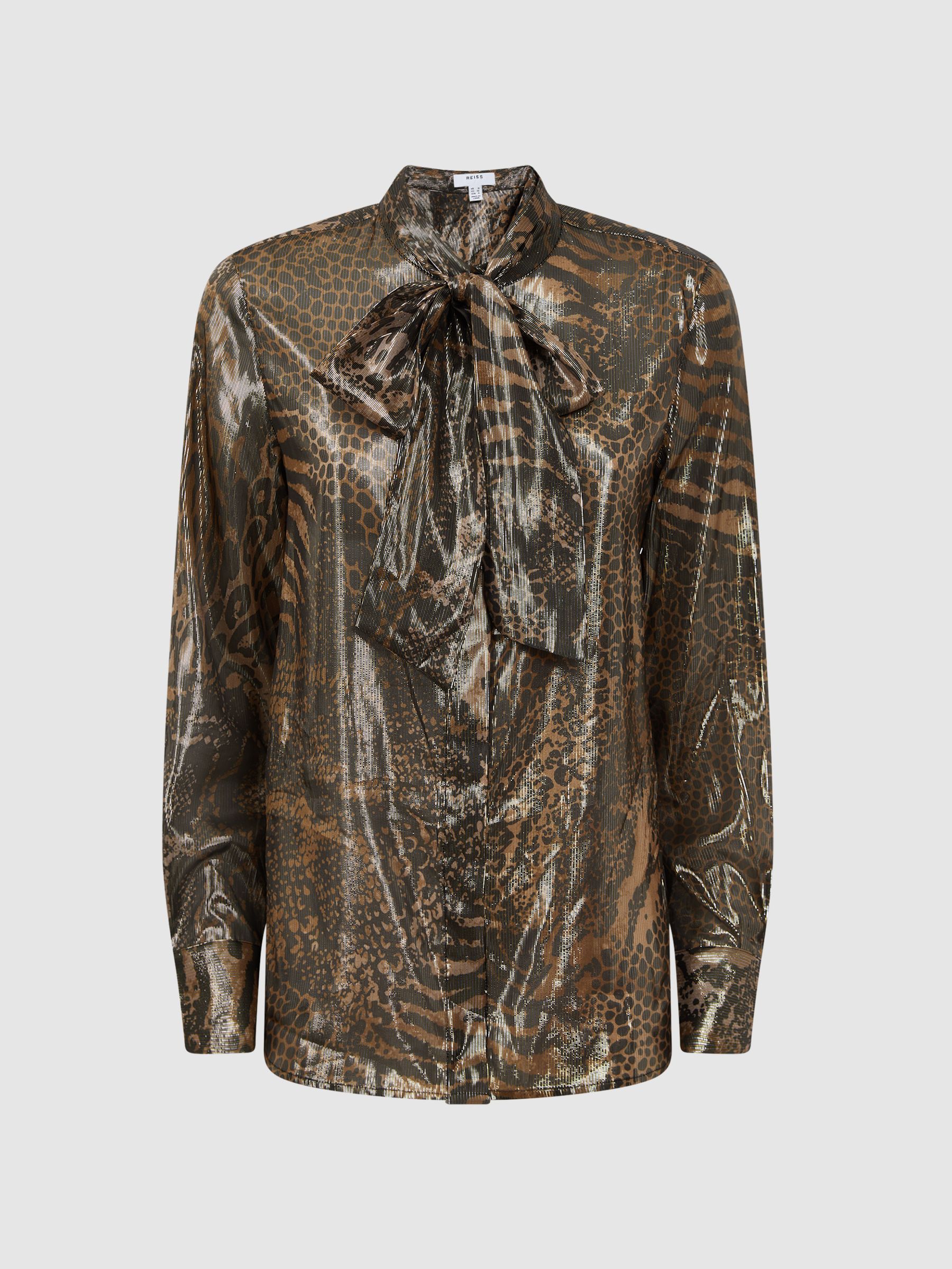 Metallic Animal Print Tie Neck Blouse in Gold
