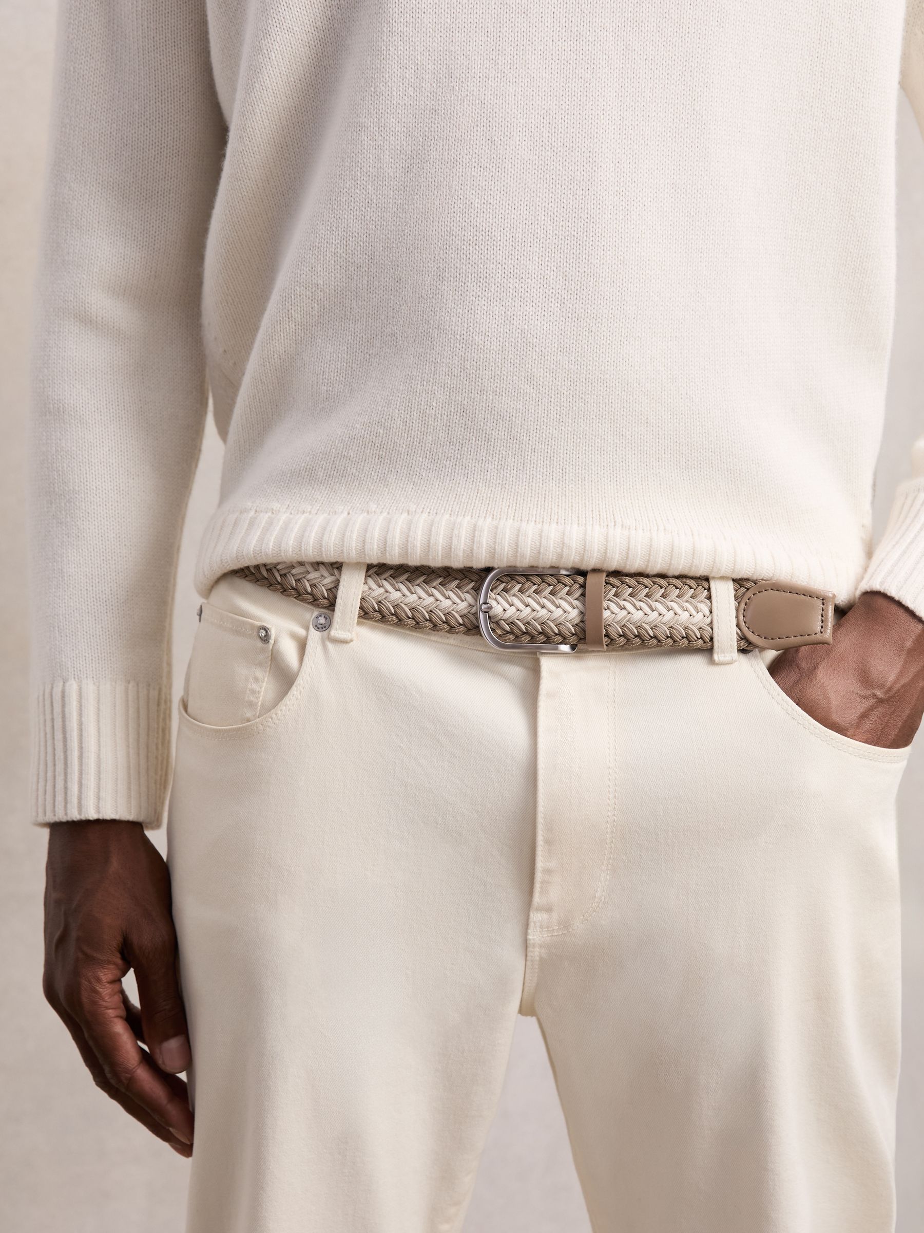 Woven Stripe Belt in Taupe Brown/Off White