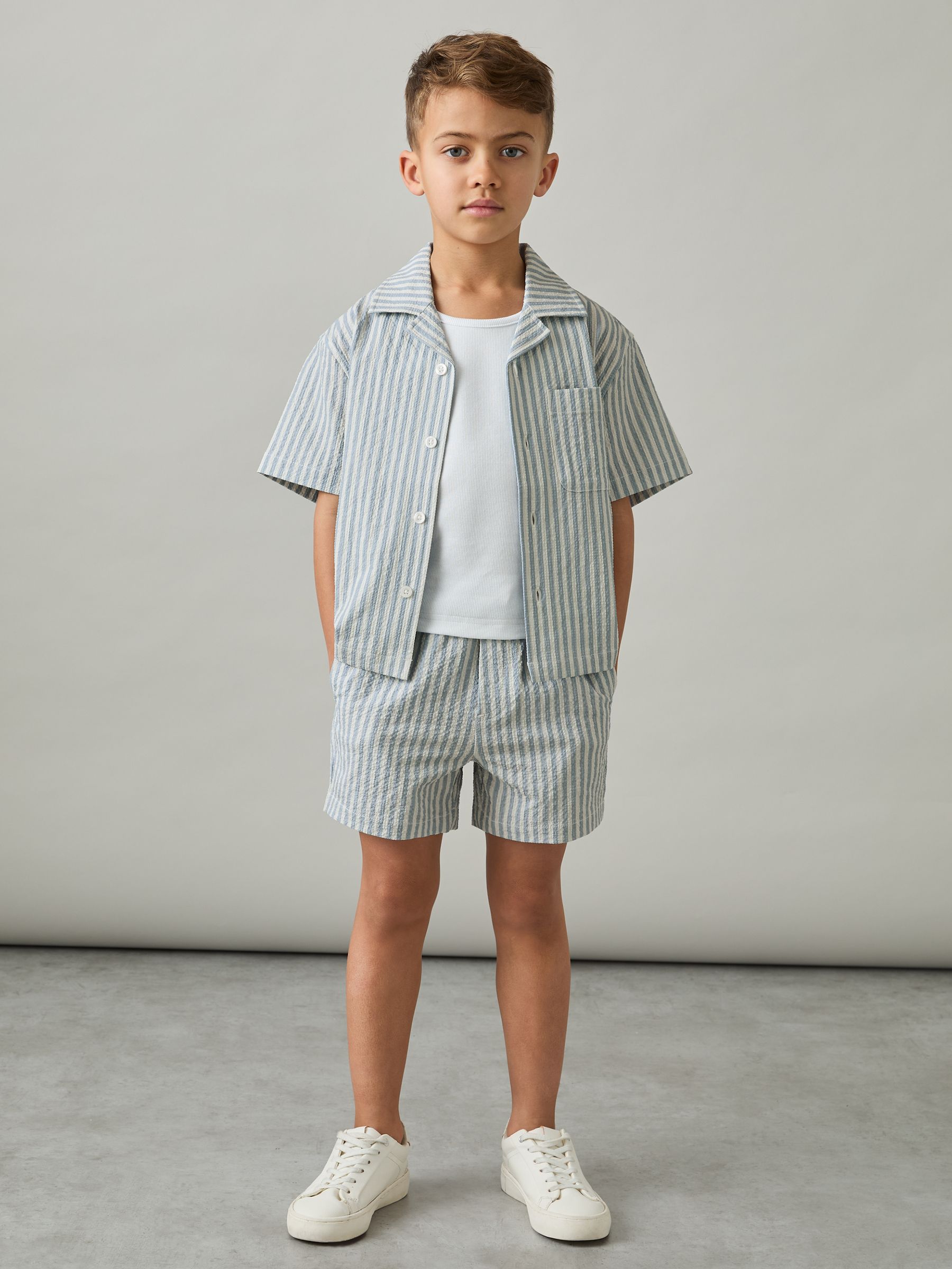 3-9 yrs Seersucker Striped Shirt in Soft Blue/White