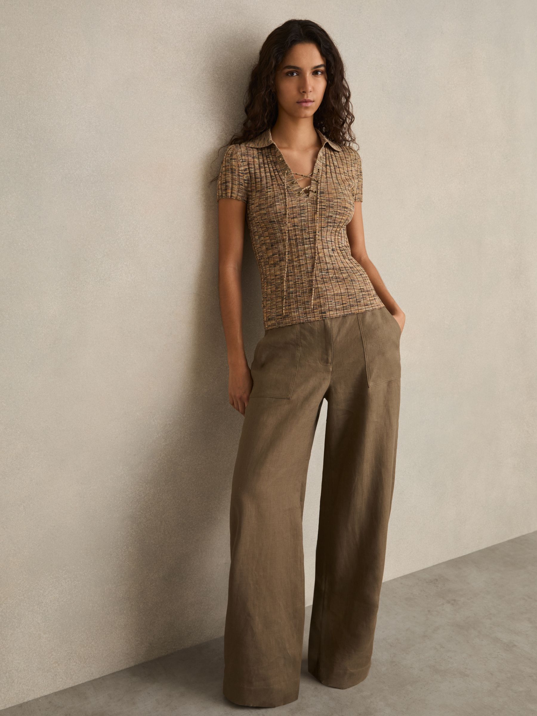 Lace Up Rib Knit Top in Camel Marl