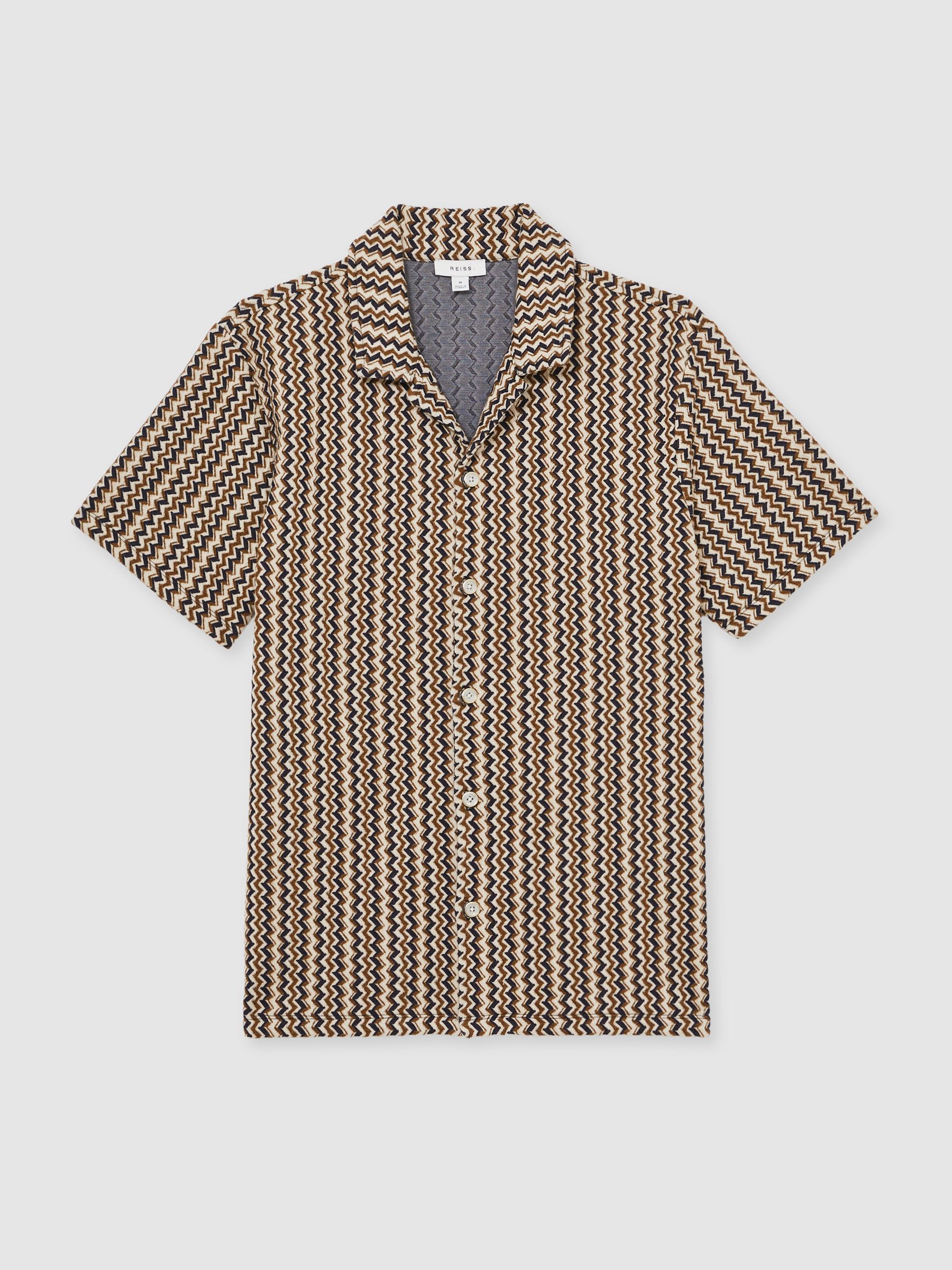 Zig-Zag Knit Cuban-Collar Shirt in Tobacco Brown