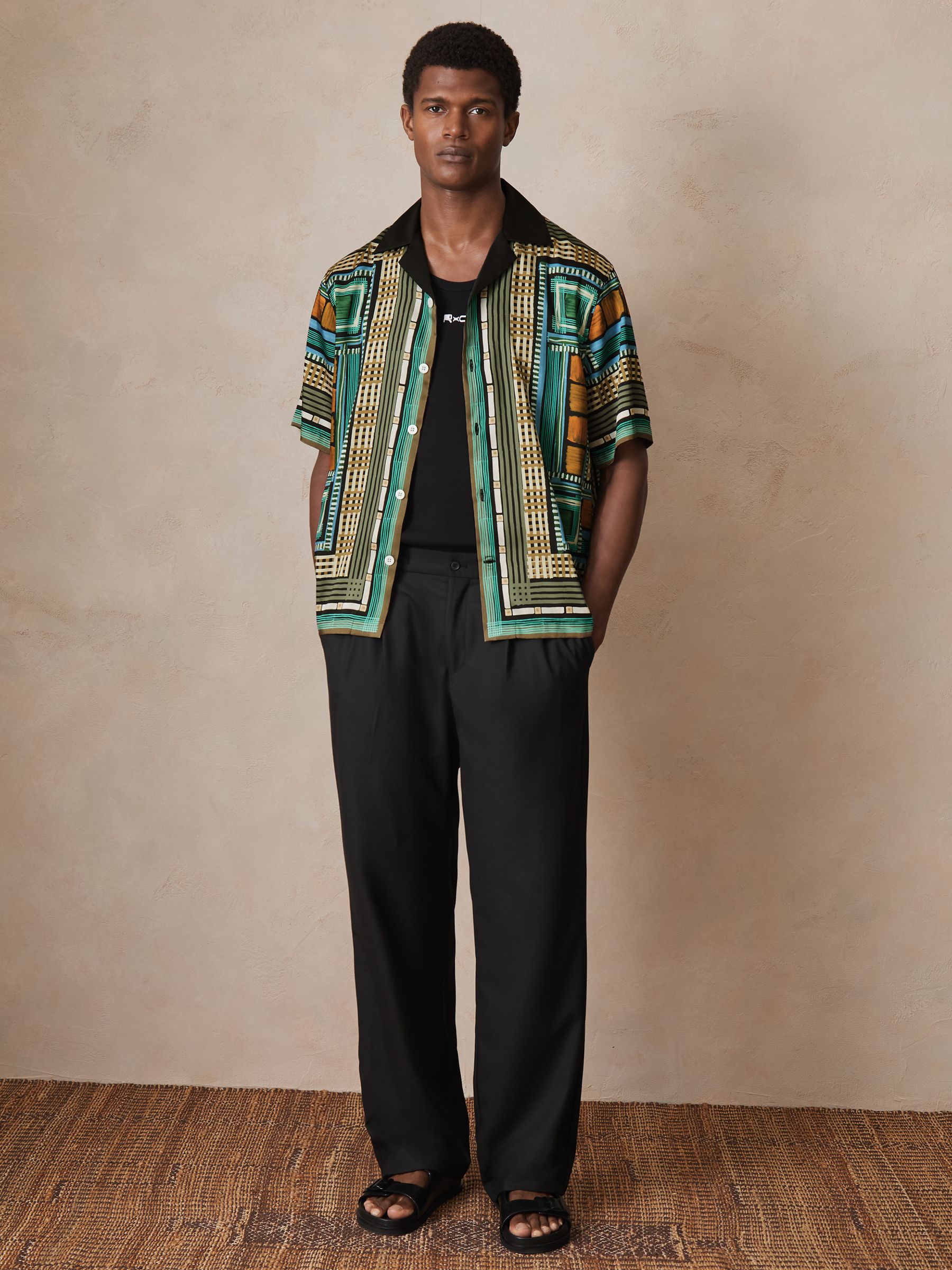 Reiss | Ché Printed Cuban-Collar Shirt in Green Multi