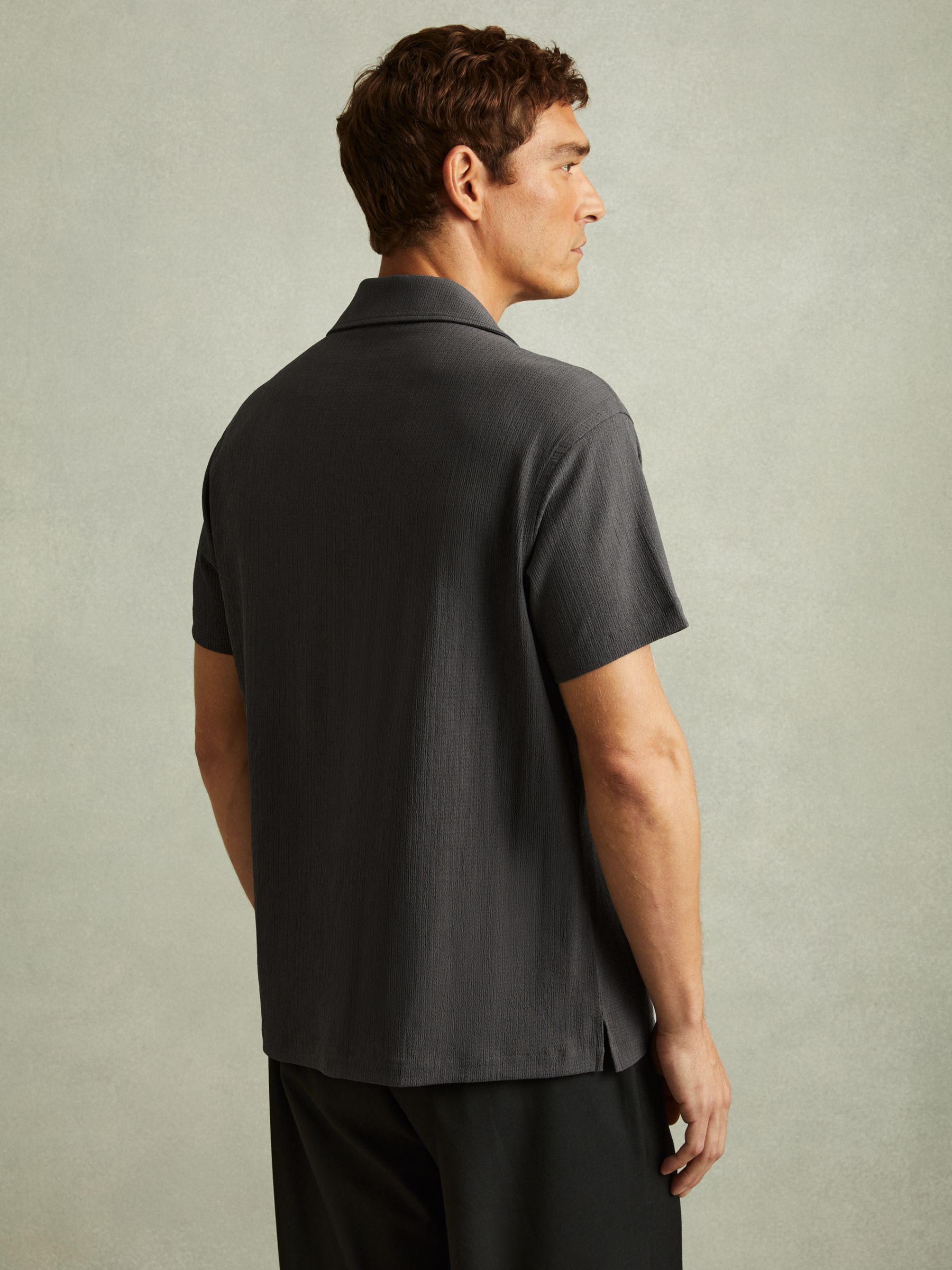 Textured Crepe Cuban Collar Shirt in Steel Grey