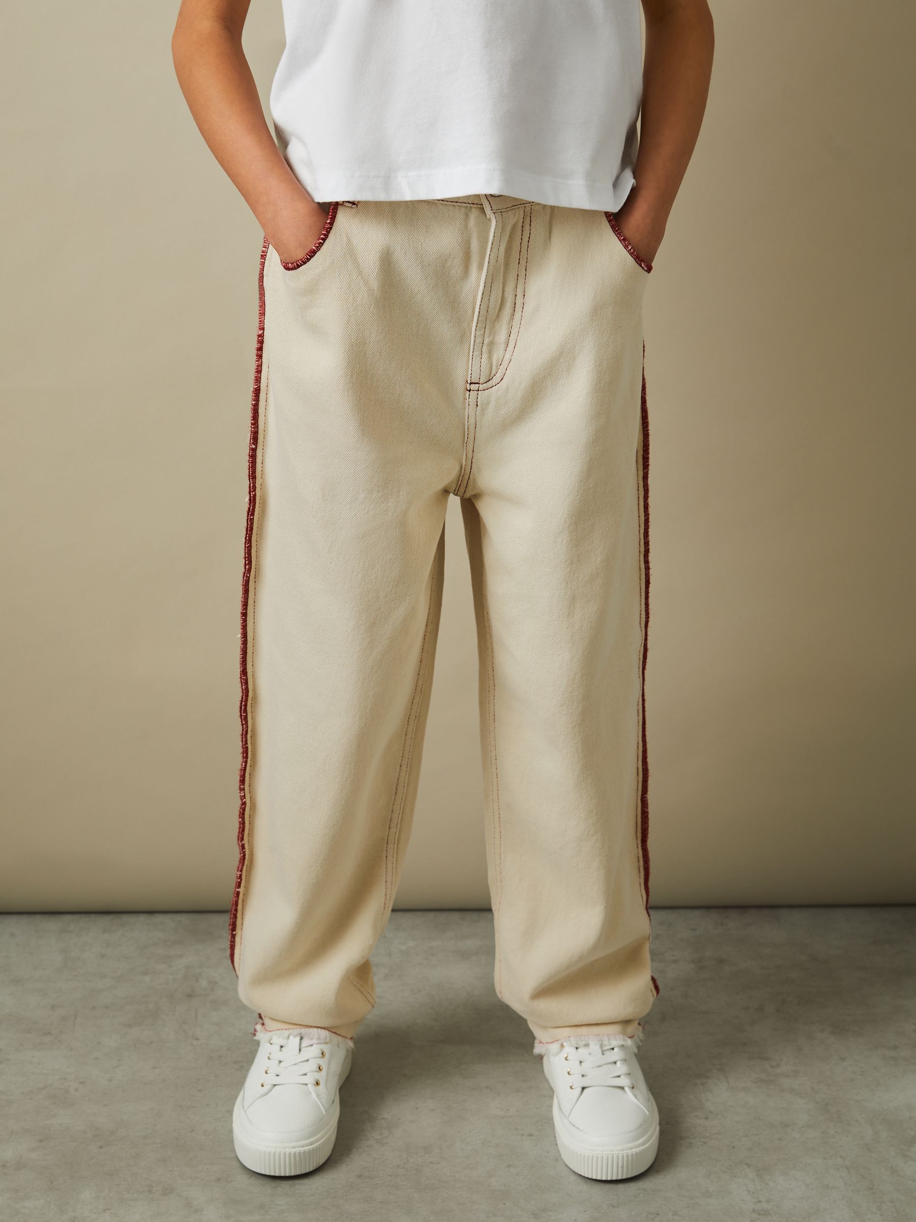 13-14 yrs Contrast Stitch Frayed Hem Jeans in Ecru