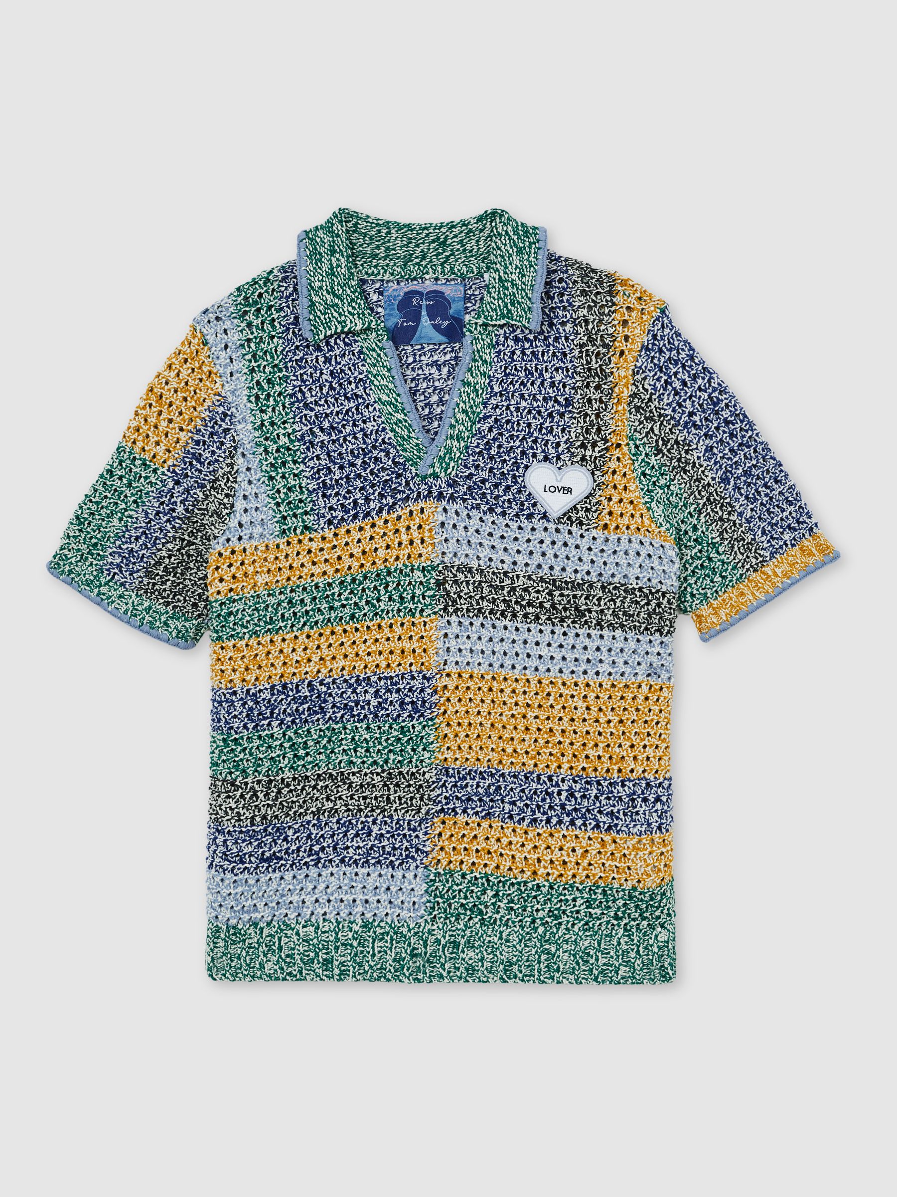 Reiss | Tom Daley Crochet Polo Shirt in Yellow/Green/Blue Multi