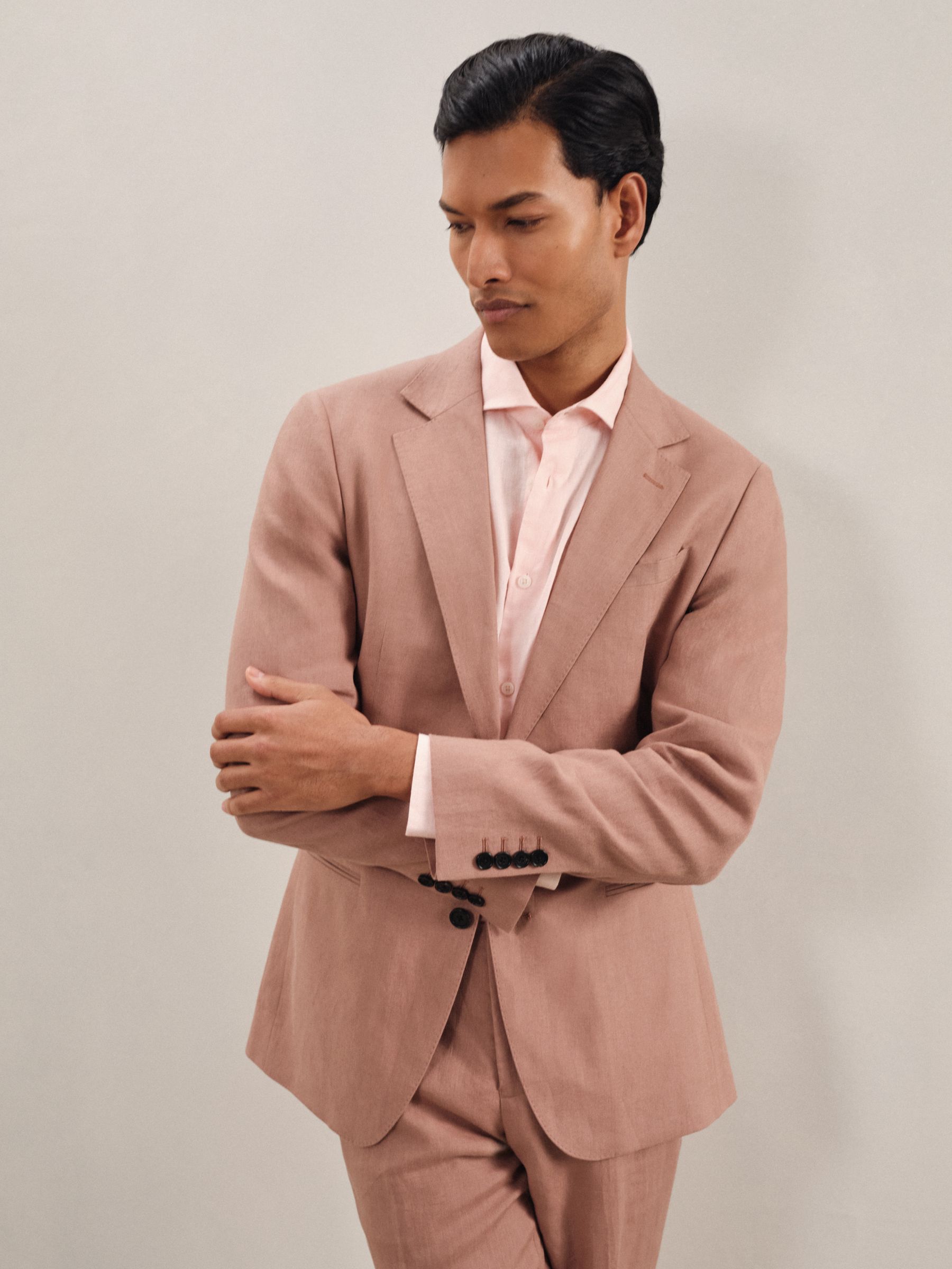 Single-Breasted Linen Suit Blazer Slim Fit in Rose Pink