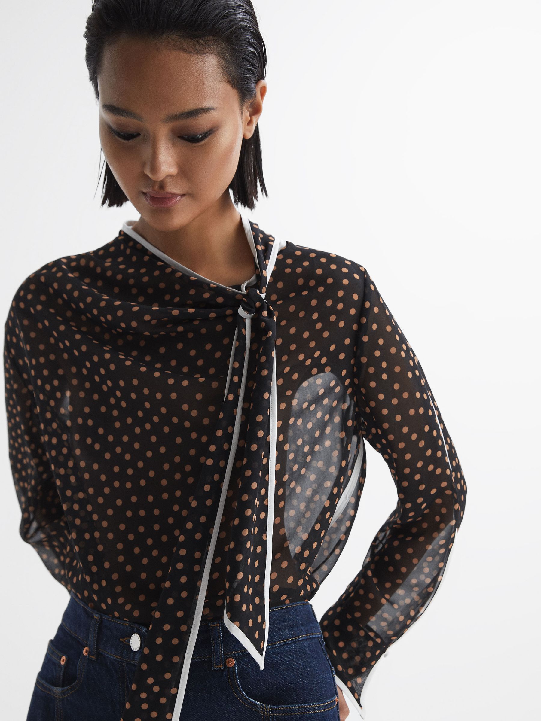 Polka Dot Tie Neck Blouse in Black/Rust