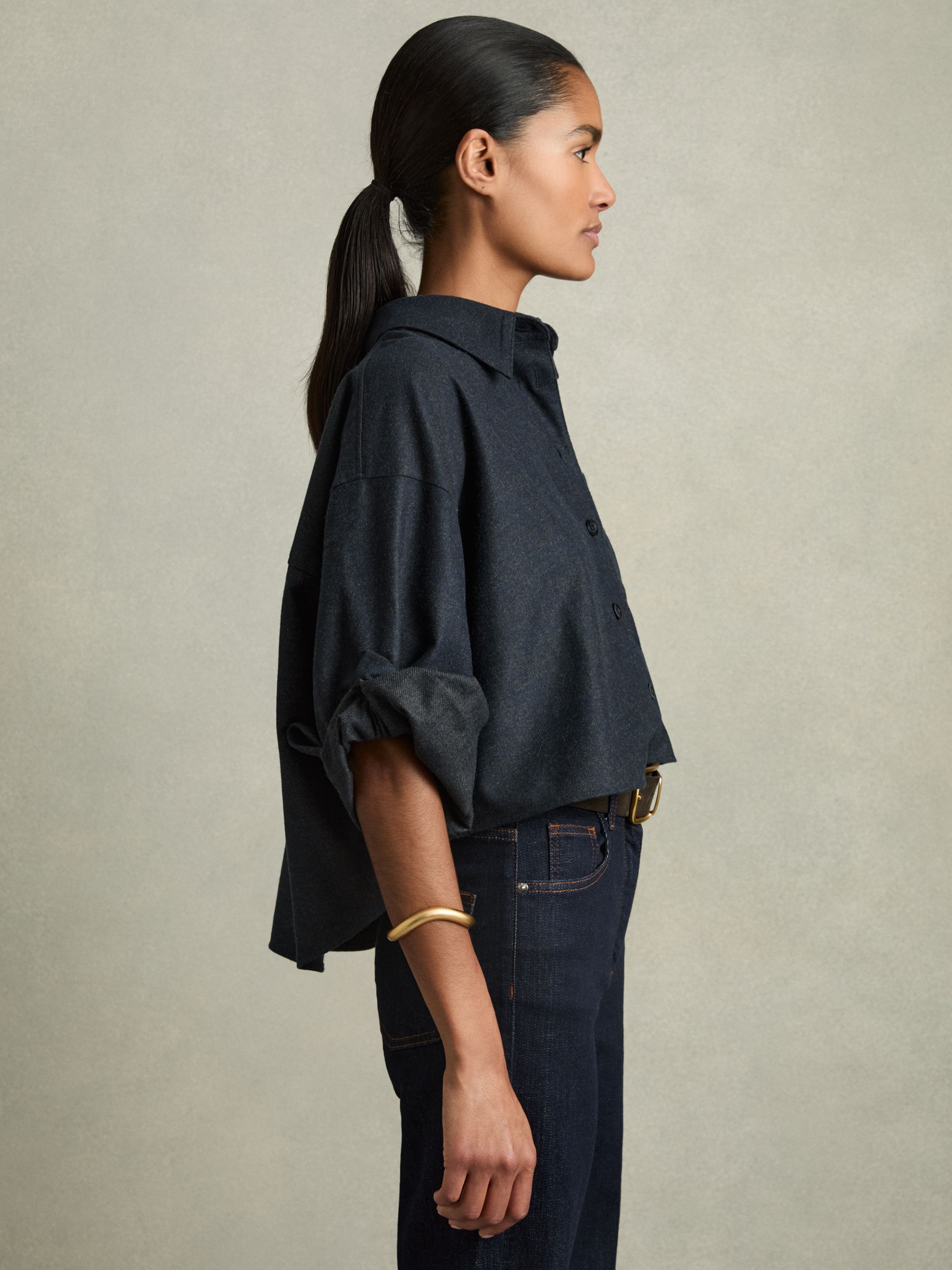 Cropped Flannel Shirt in Navy