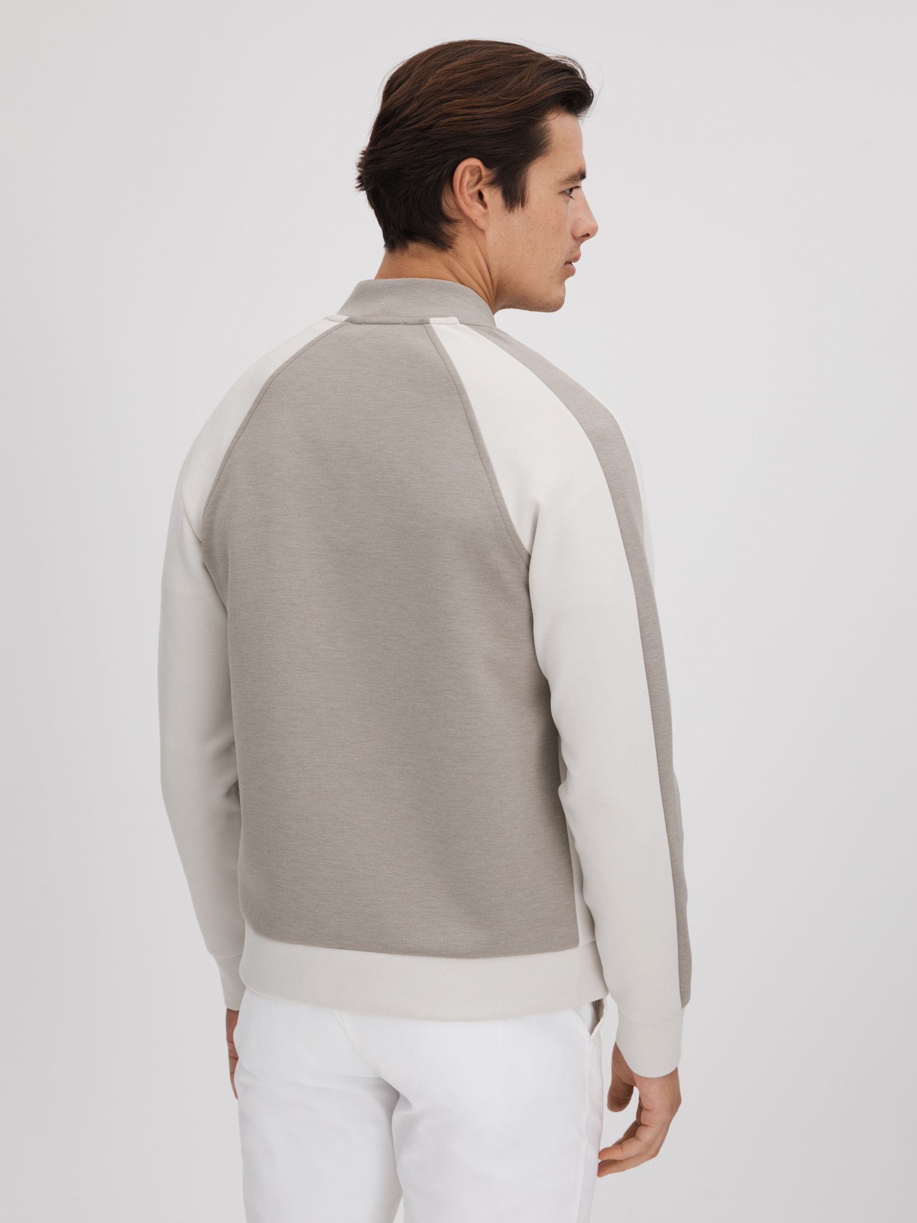 Colourblock Jersey Bomber Jacket in Taupe/White