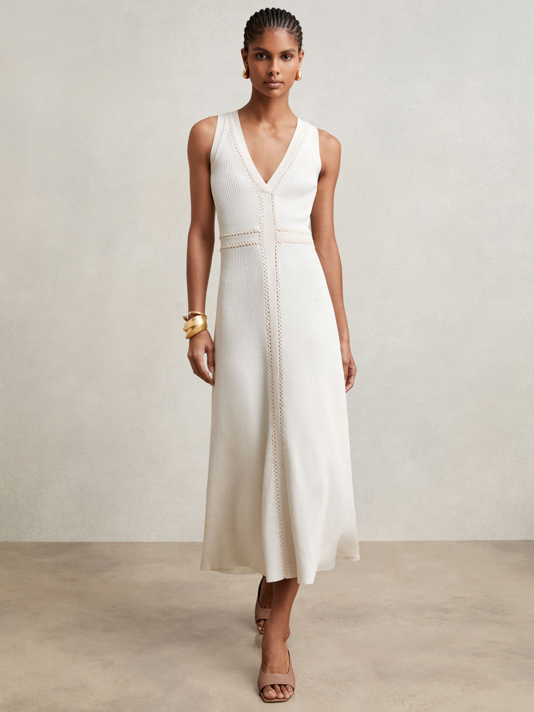 Craft-Stitch Knitted Midi Dress in Ivory