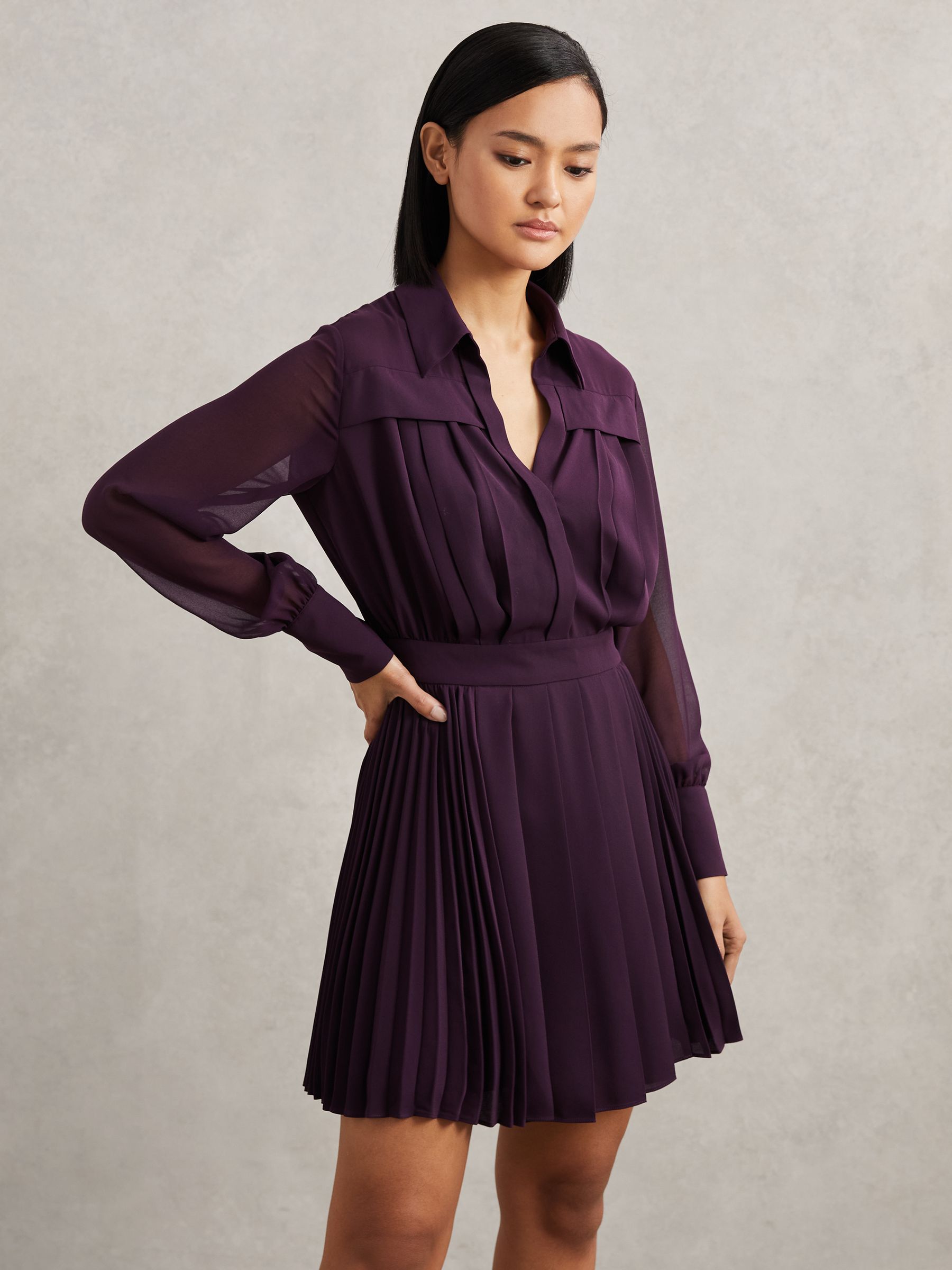 Pleated Sheer-Sleeve Mini Dress in Burgundy