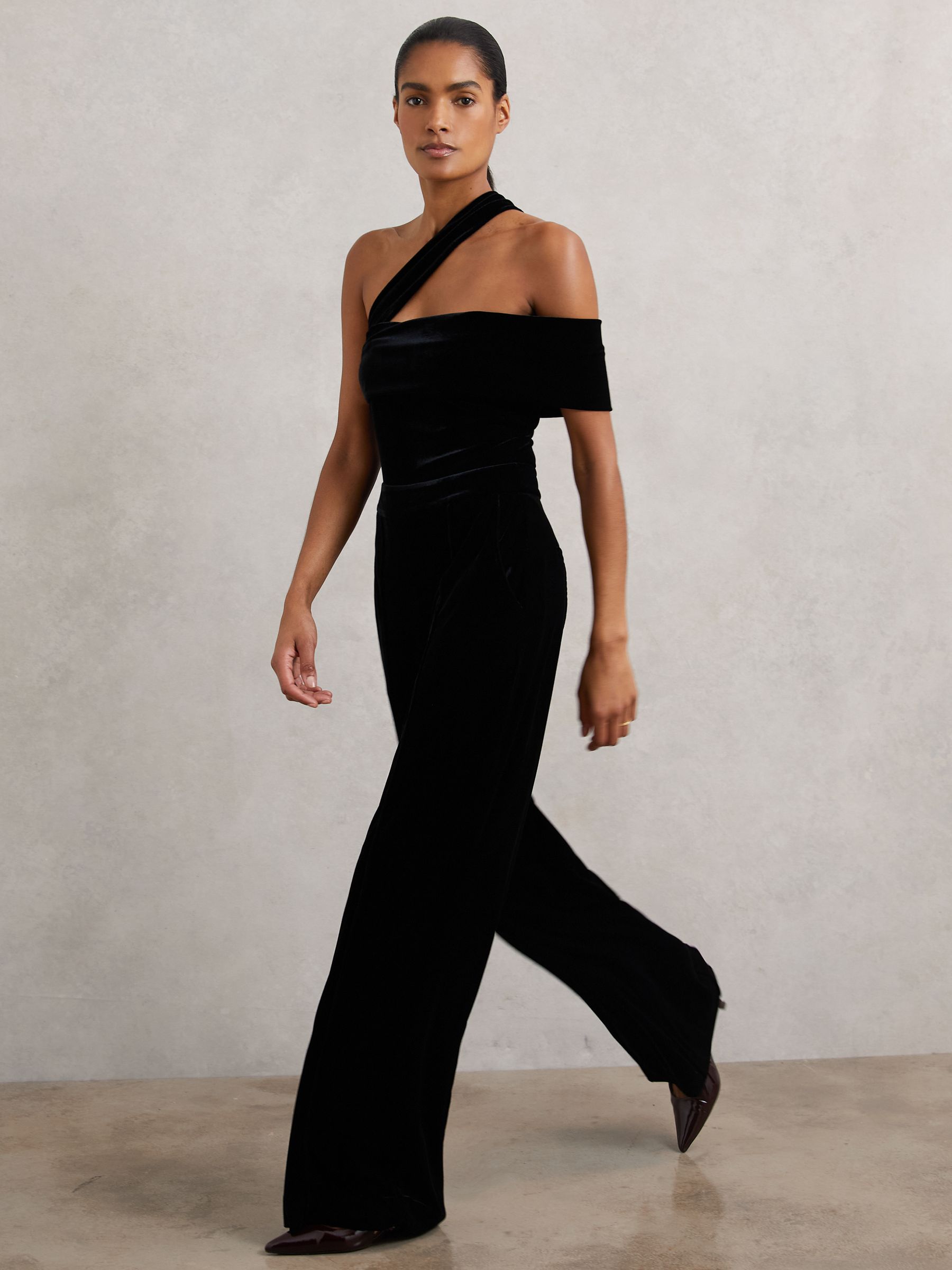 Velvet One-Shoulder Wide-Leg Jumpsuit in Black