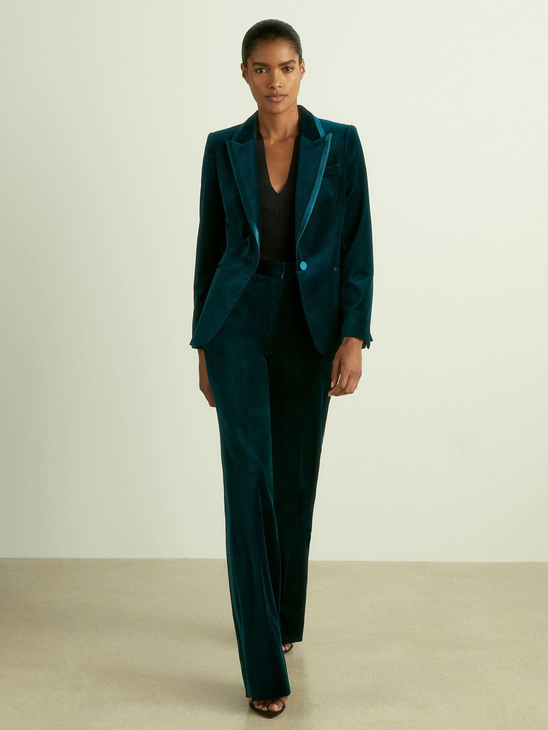 Velvet and Satin Single Breasted Suit Jacket in Teal