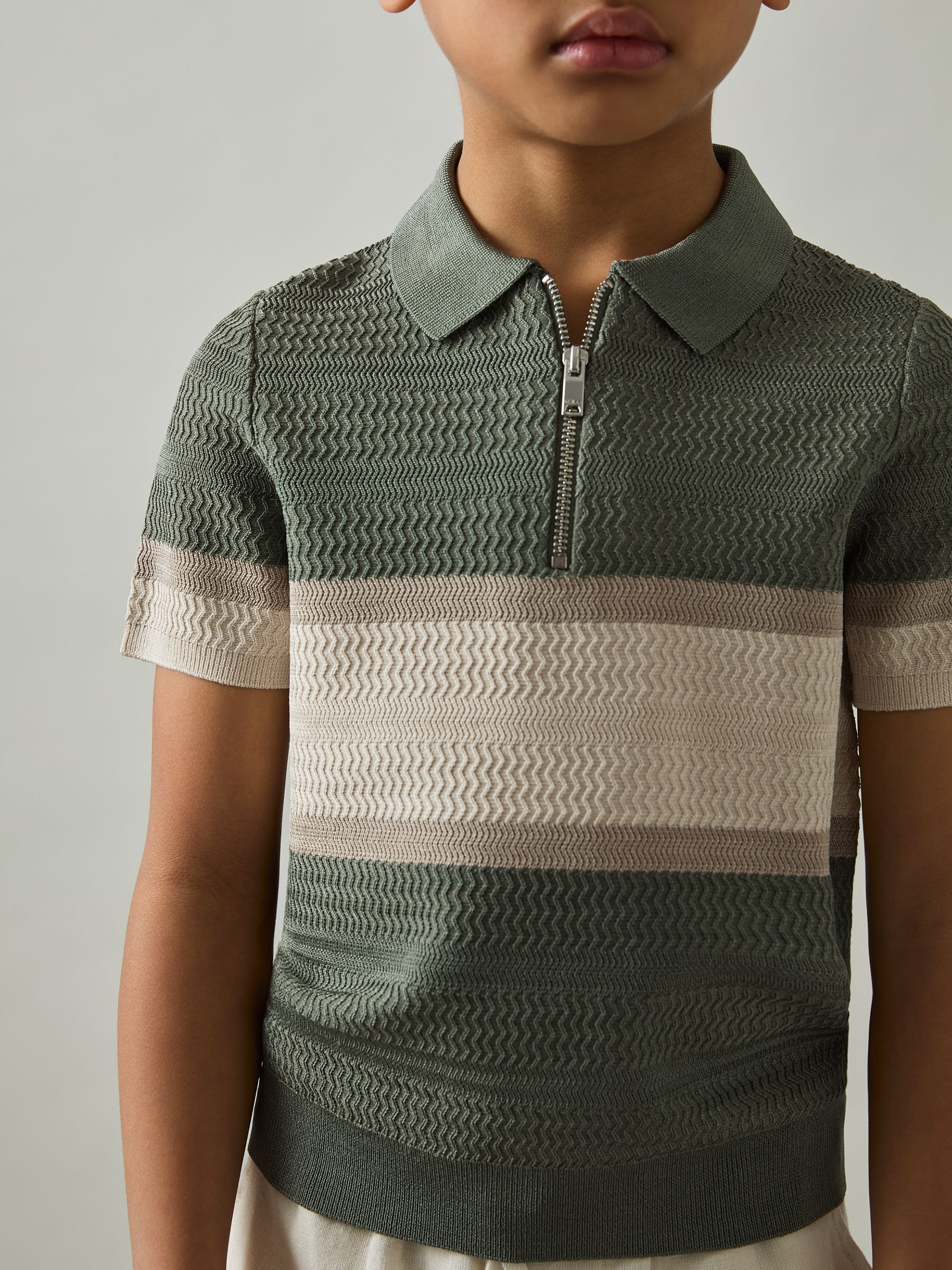 9-13 yrs Textured Colour-Block Polo Shirt in Sage Green