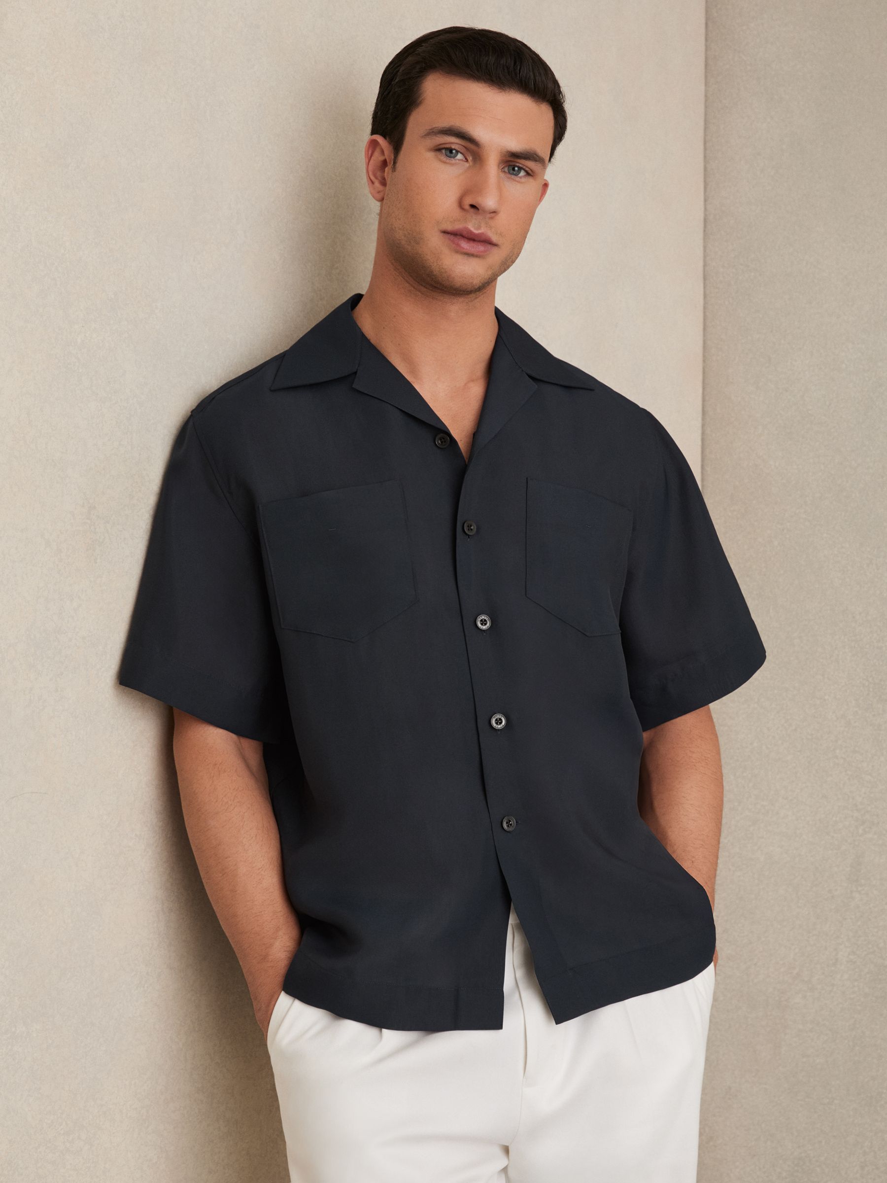 Organza Twin-Pocket Oversize Shirt in Navy