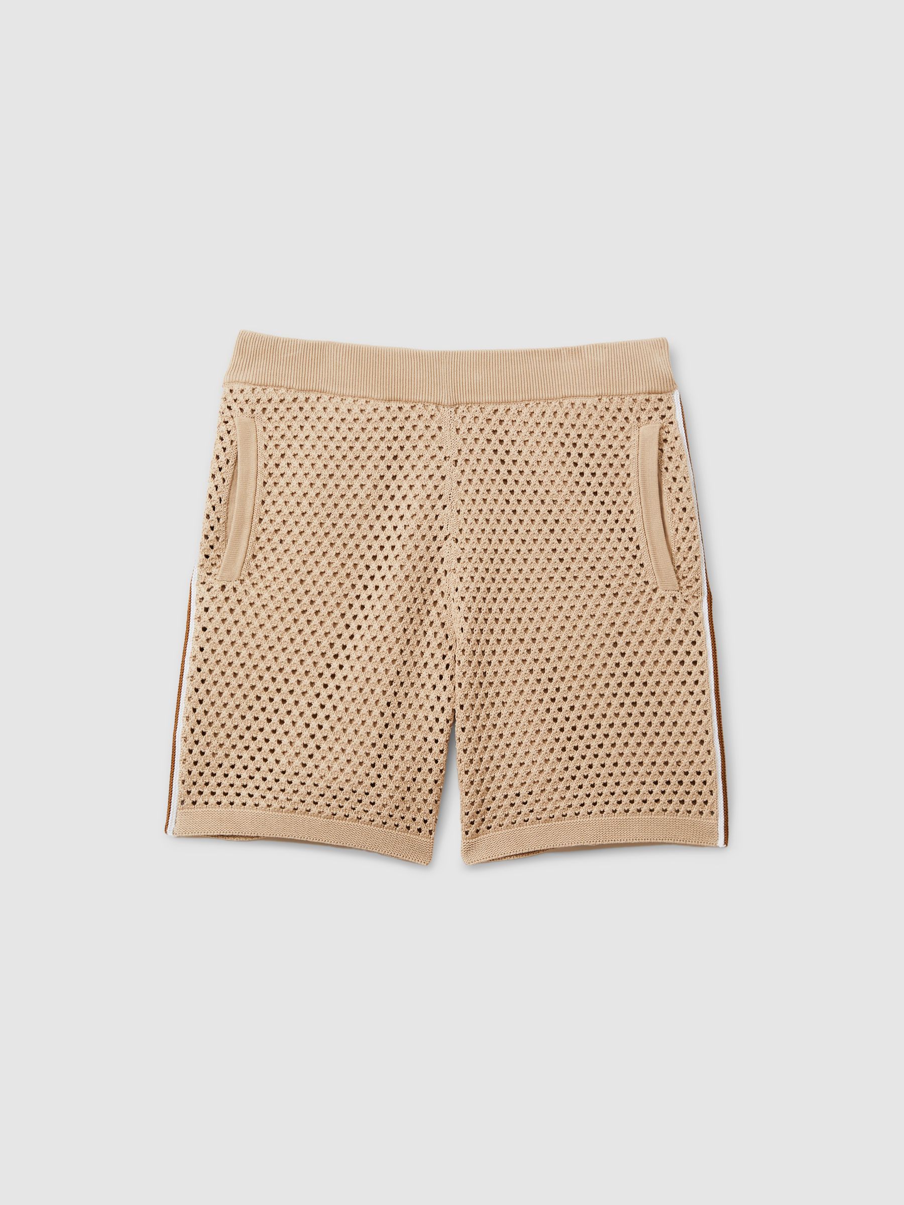 Cotton Blend Crochet Drawstring Shorts in Soft Taupe