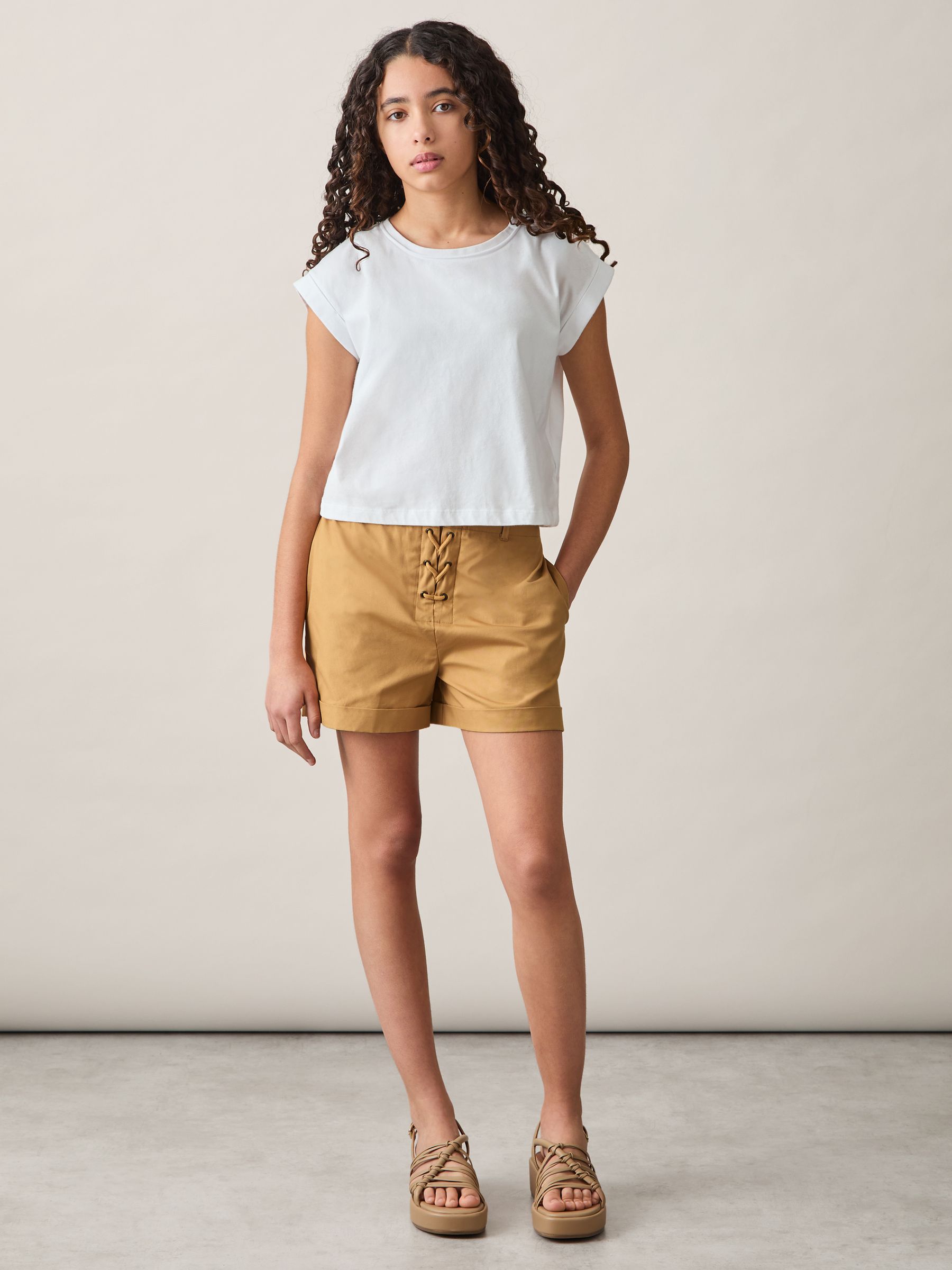 9-13 yrs Cotton Lace-Up Shorts in Tan