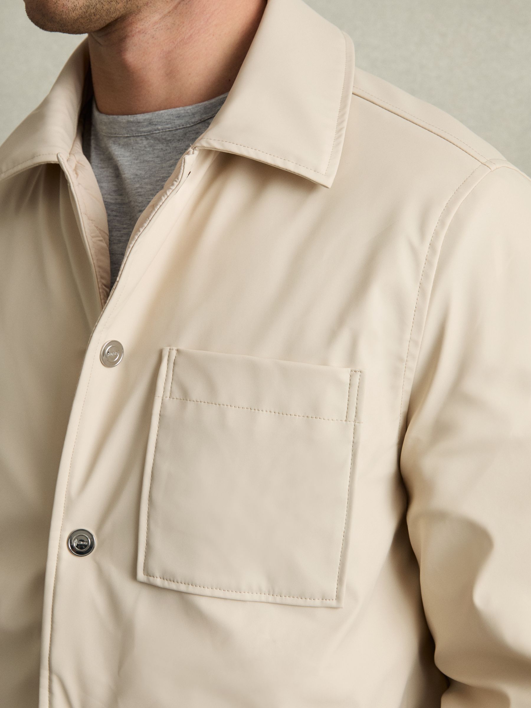 Padded Technical Press-Stud Overshirt in Stone