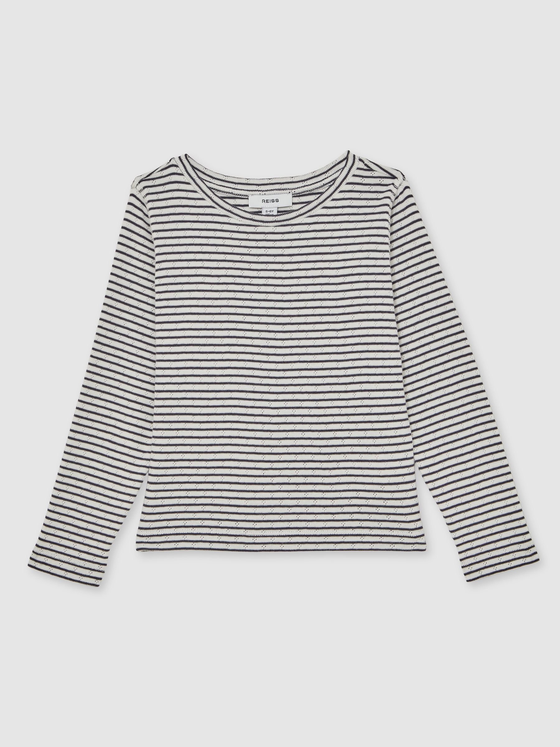 13-14 yrs Cotton Pointelle Long Sleeve Top in Navy/White