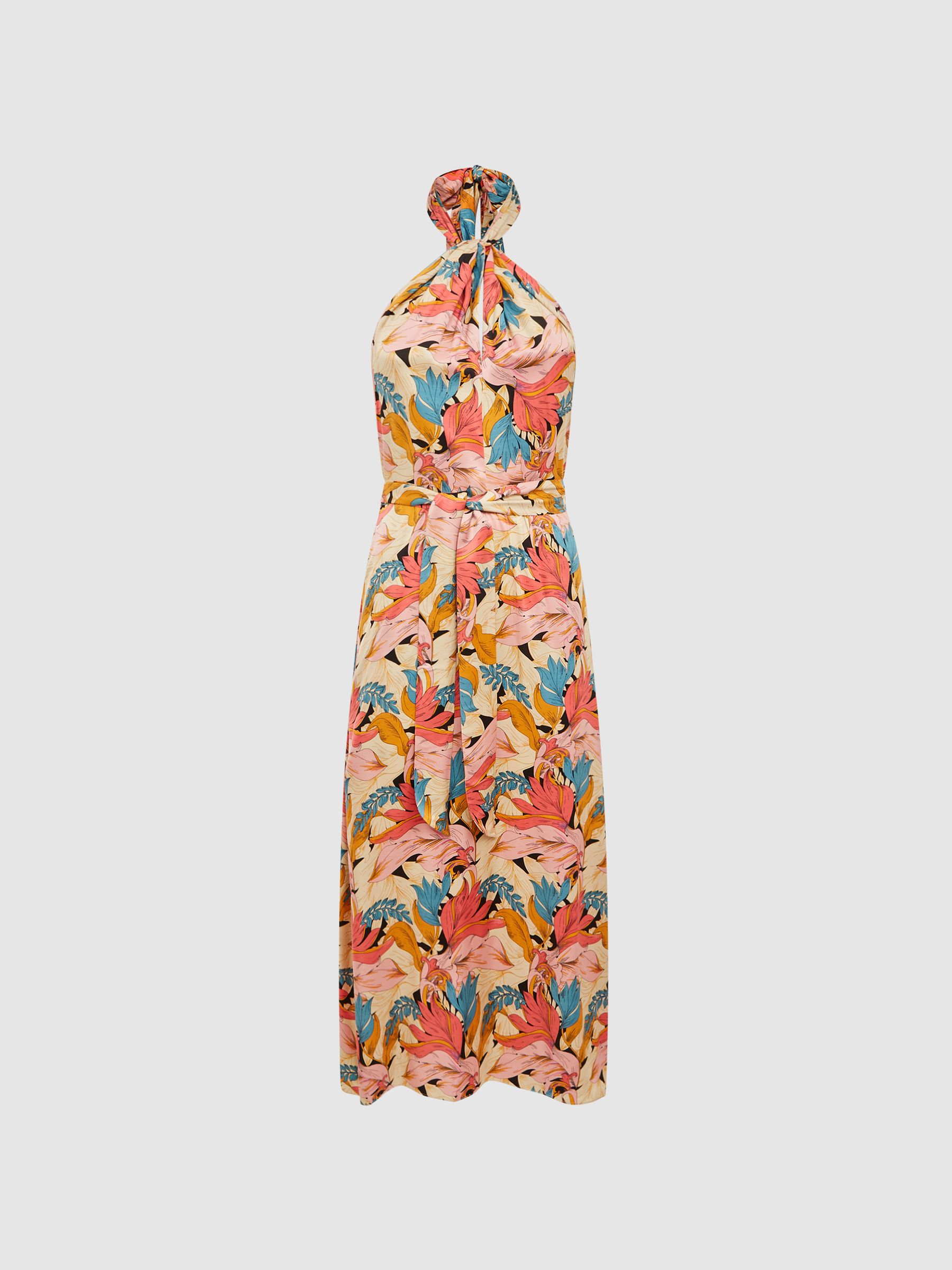 Floral Printed Halter Neck Midi Dress in Pink/Neutral